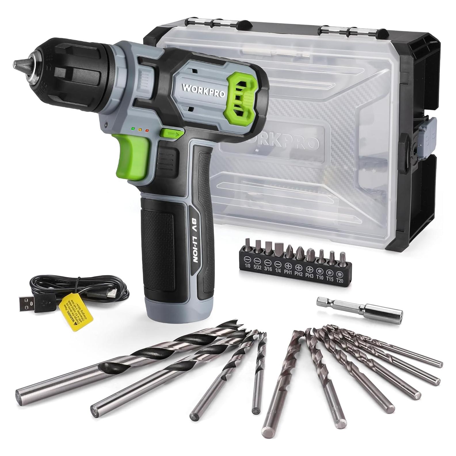 Taladro Inalámbrico WORKPRO 8V con Caja de Herramientas y Accesorios