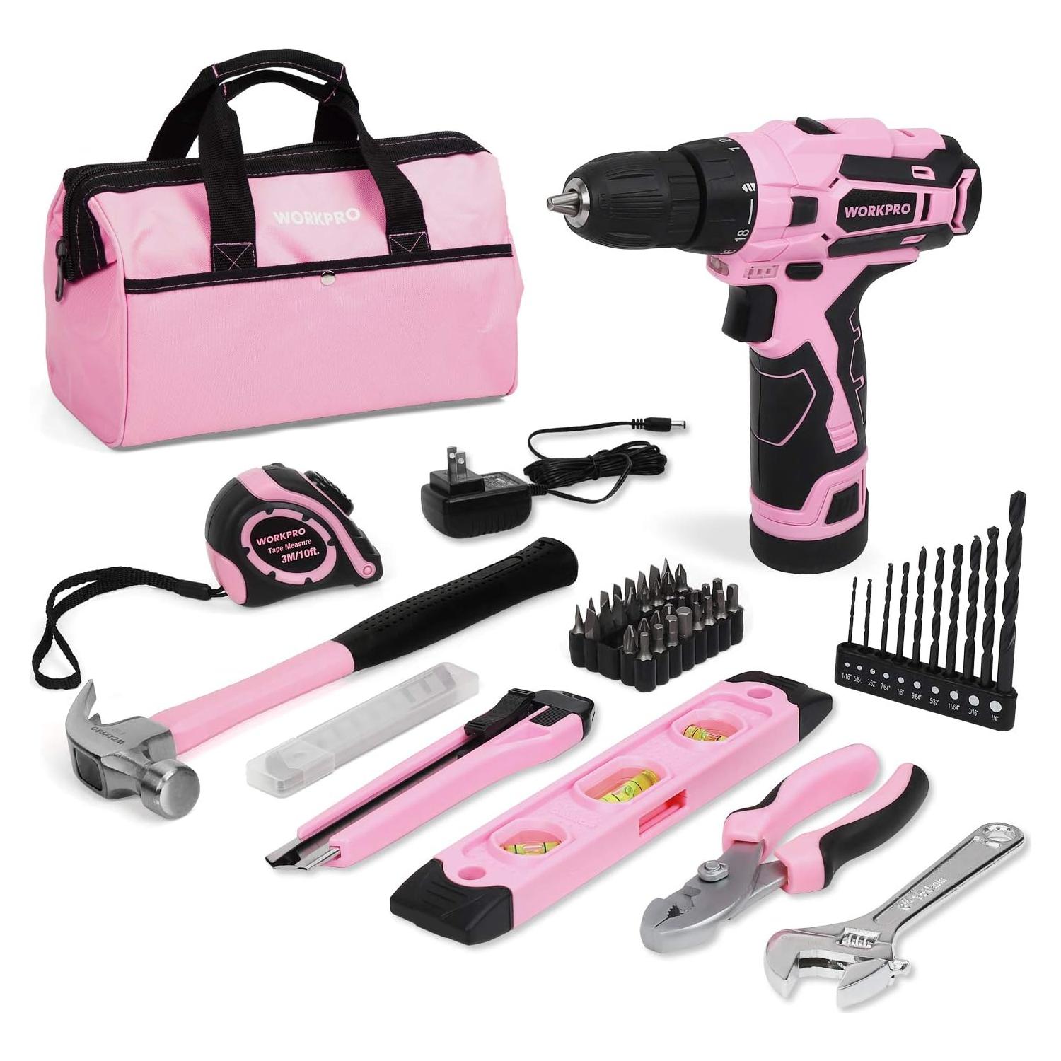 Taladro Inalámbrico WORKPRO 12V Rosa con Kit de Herramientas 75 Pzas