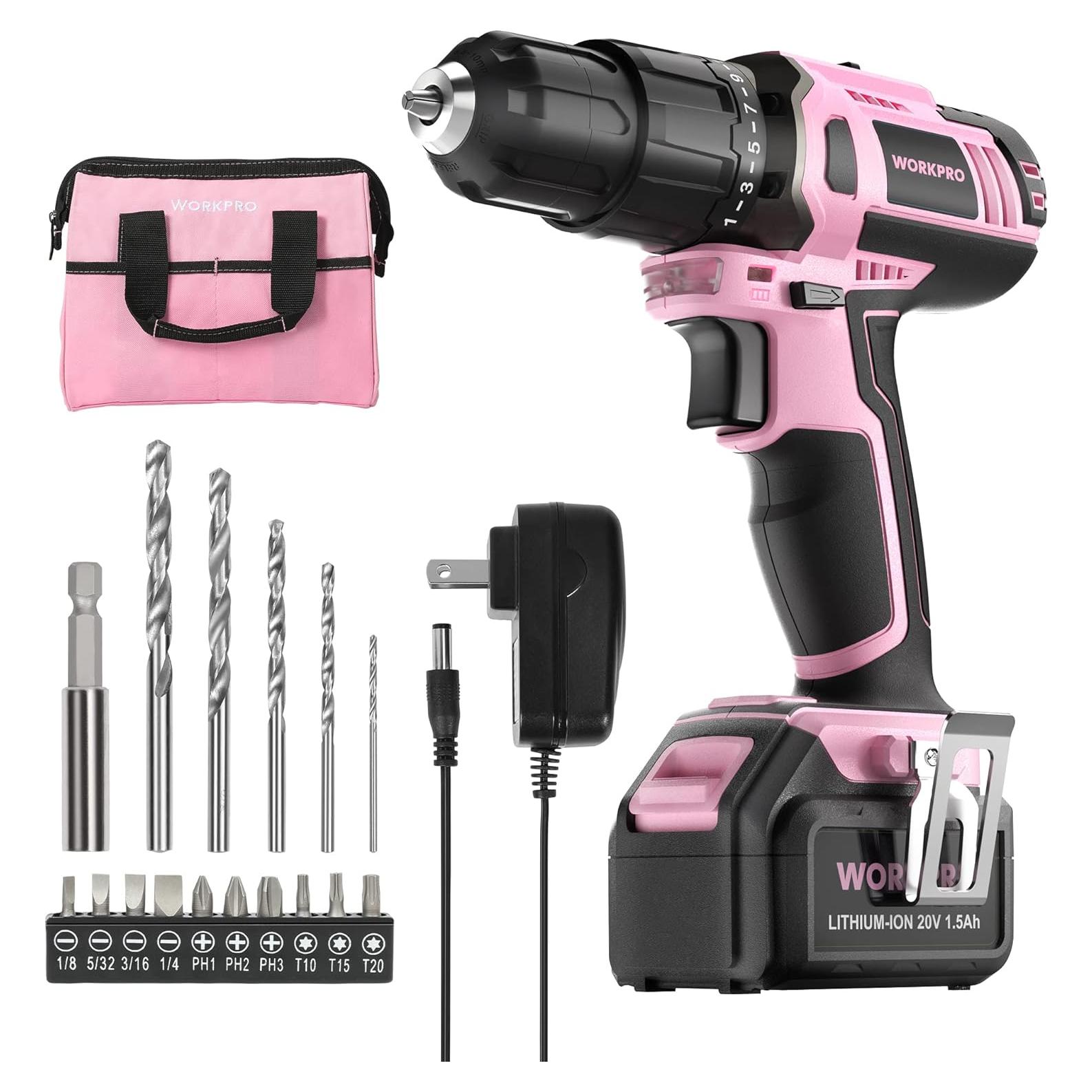 Taladro Inalámbrico WORKPRO 20V Rosa con Batería y Cargador