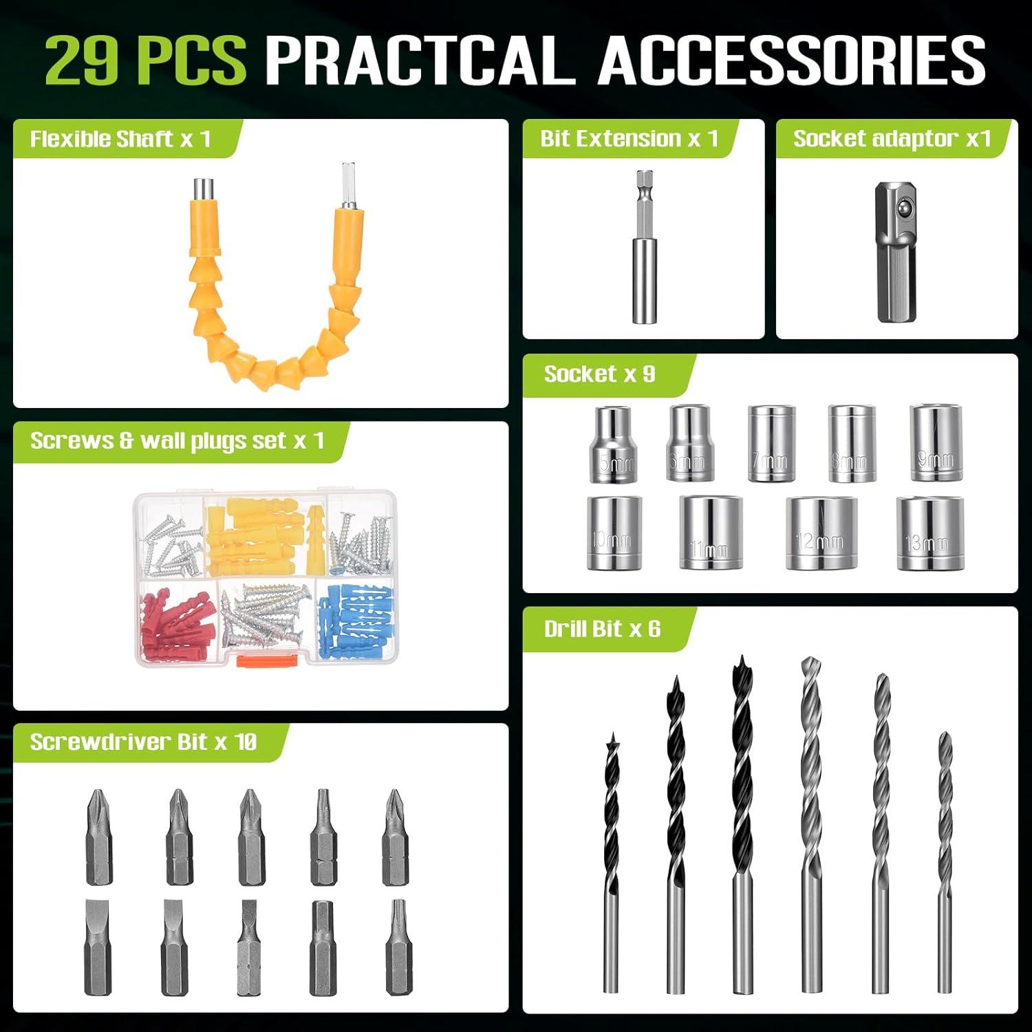 Taladro Inalámbrico WORKBLESS 21V con Batería y 28 Accesorios