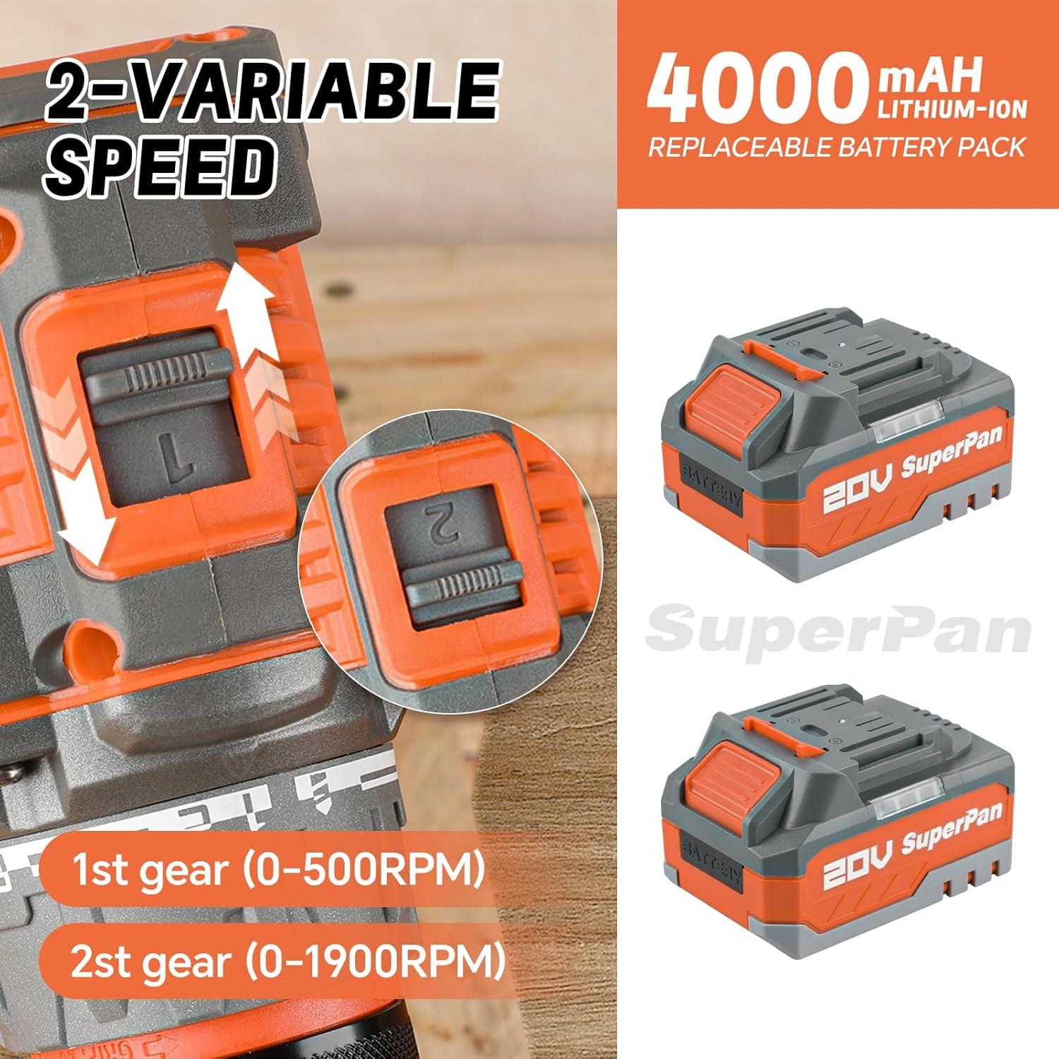 Taladro Inalámbrico SuperPan 20V con 2 Baterías de 4.0Ah