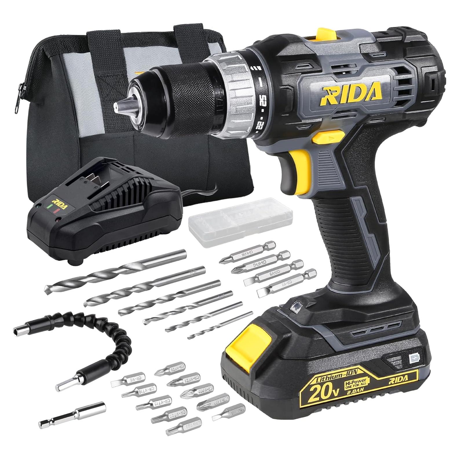 Taladro Inalámbrico RIDA 20V 2.0Ah con Accesorios 25 Piezas