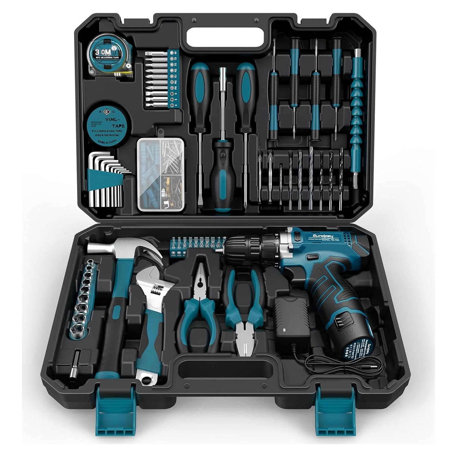 Kit de Herramientas Sundpey 206 Piezas con Taladro Inalámbrico 12V