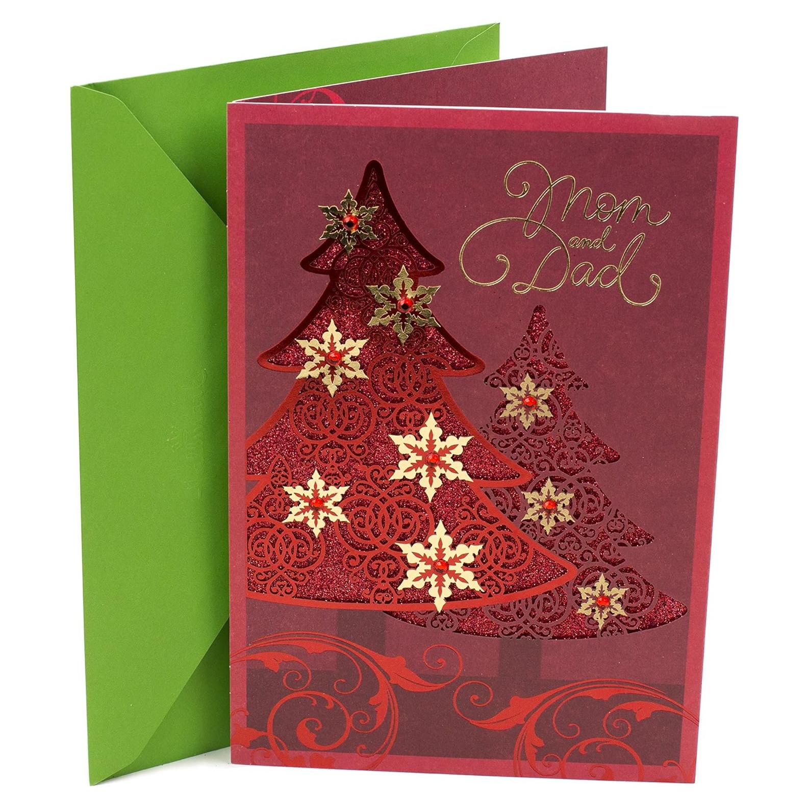 Tarjeta de Navidad Hallmark para Mamá y Papá - Árbol de Foil Rojo