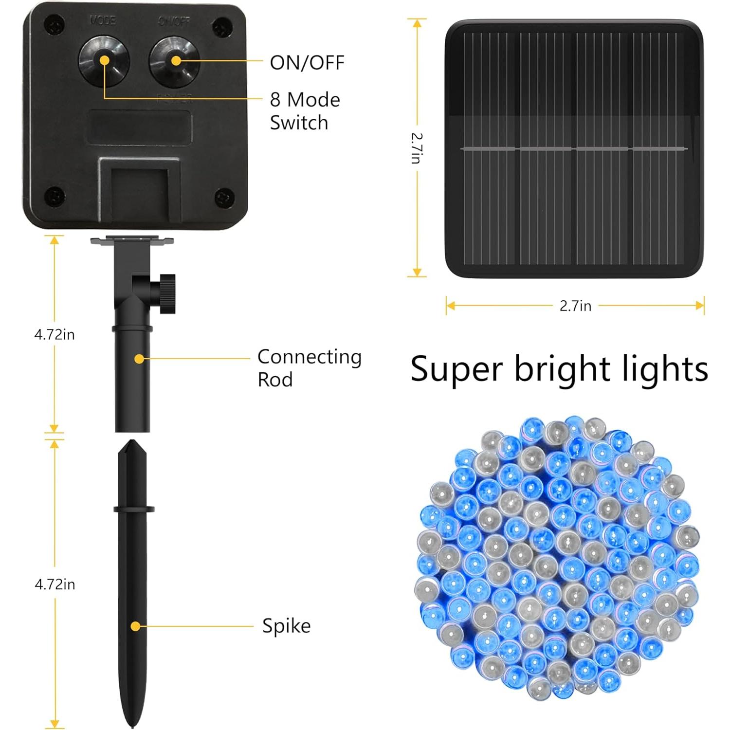 Luces de Cadena Solares Flechllary 100 LED 11.89m Azul y Blanco