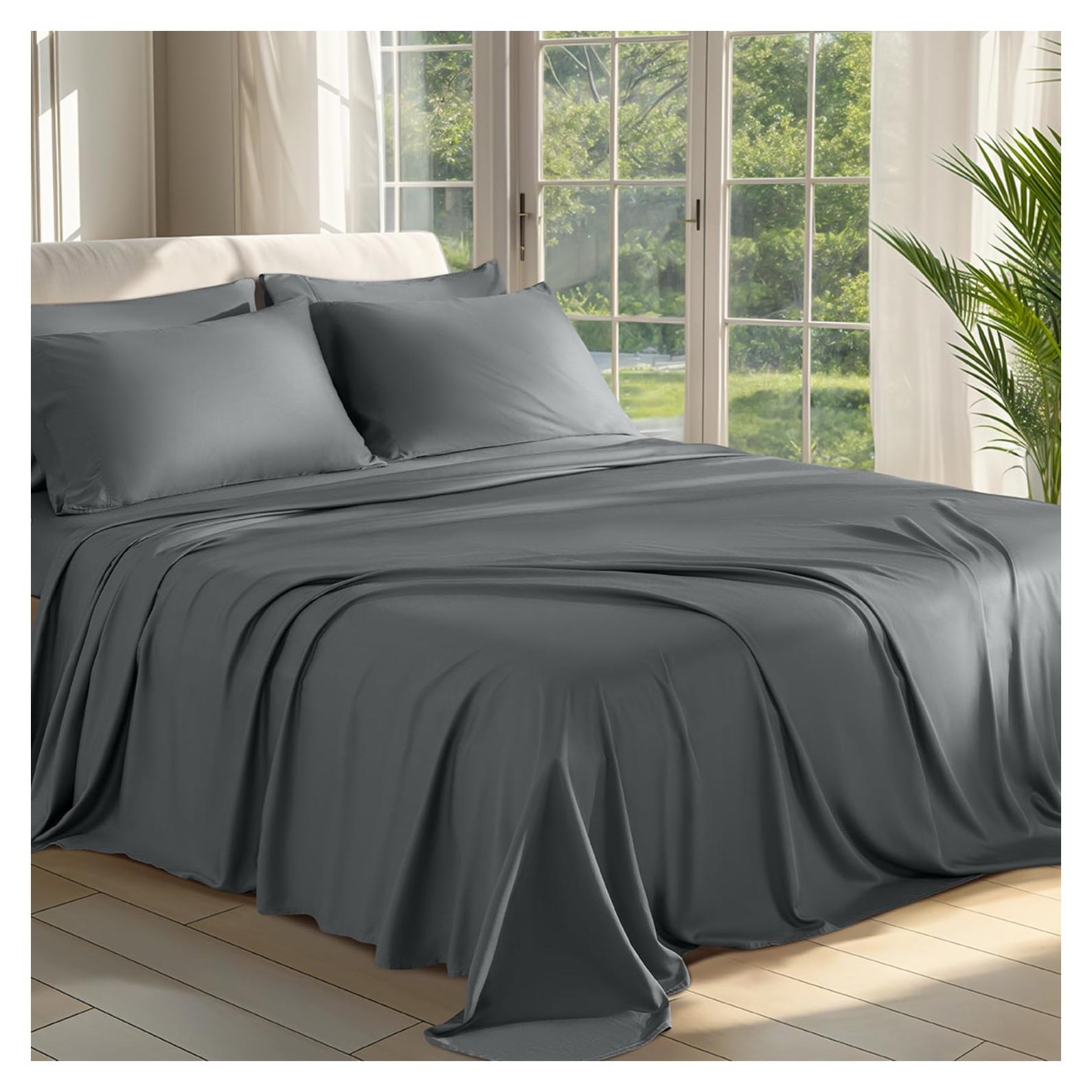 Juego de Sábanas Completo 6 Piezas Shilucheng 100% Viscosa Bambú Gris