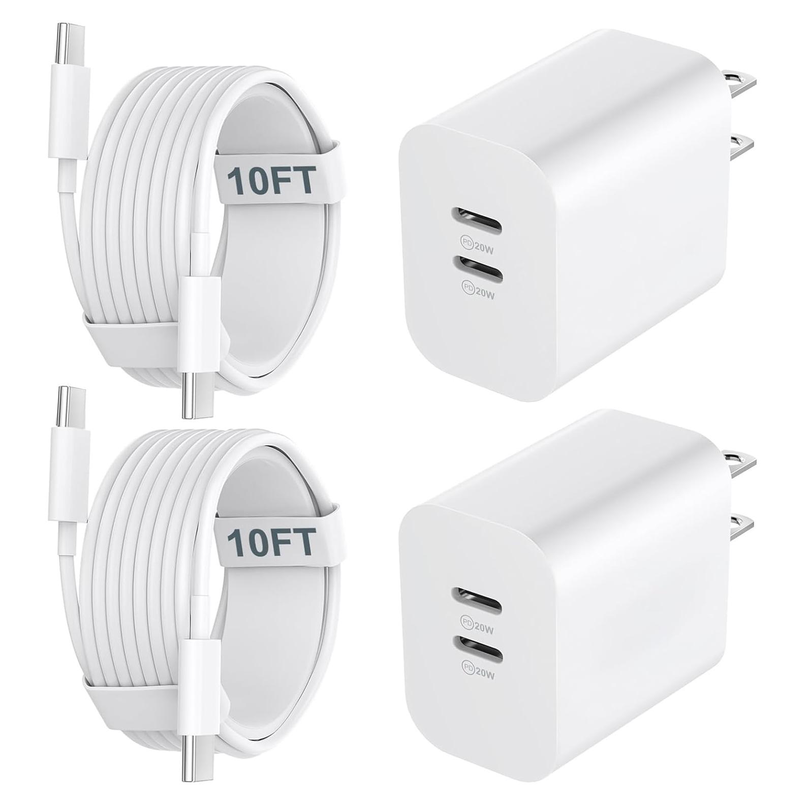 Cargador Rápido USB C 20W Doble Puerto + Cable 10FT iPhone 16 15