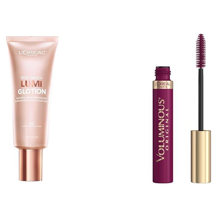 Paquete Maquillaje L'Oreal: Iluminador Lumi Glotion 38g + Máscara Voluminosa Burdeos 7.4g