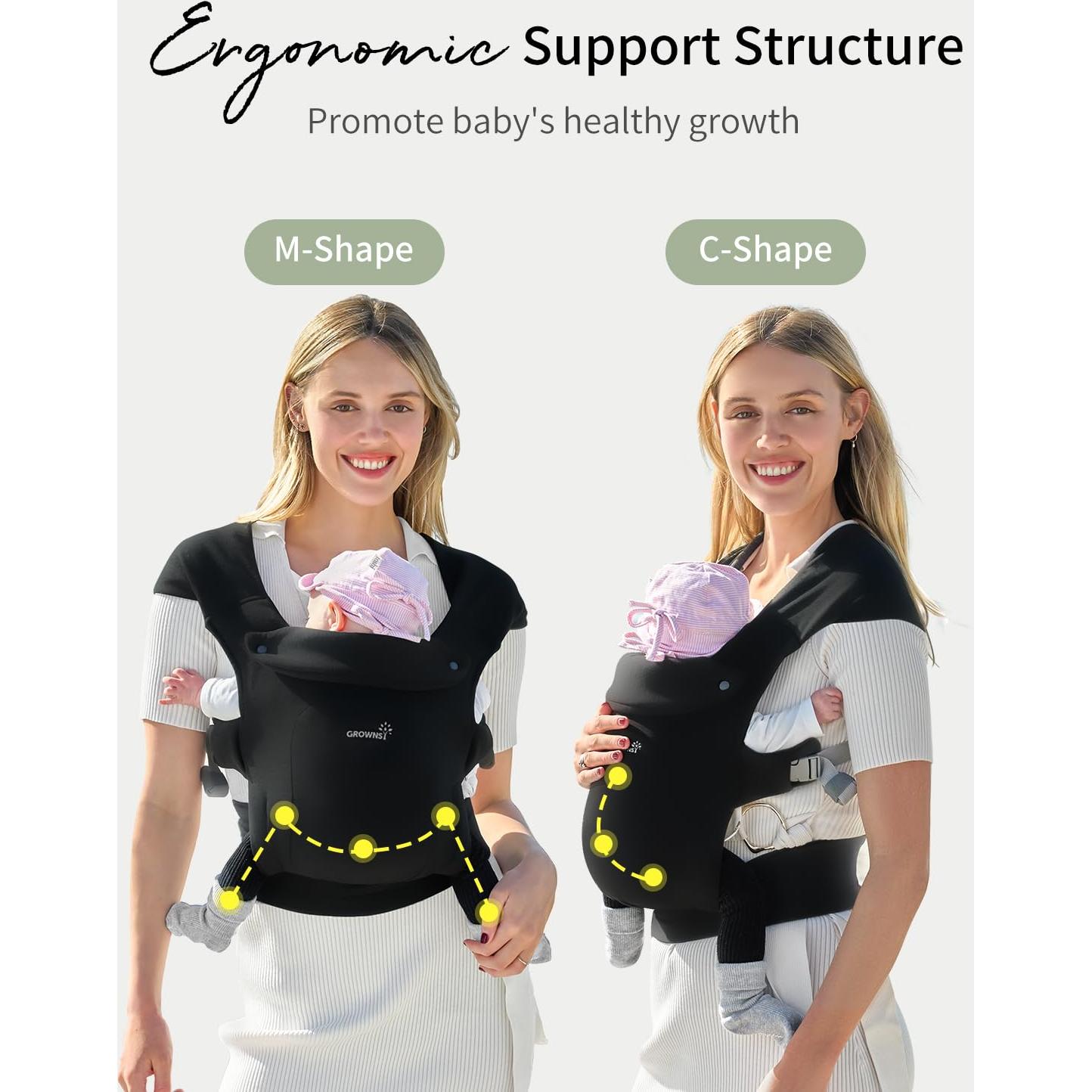 Fular Portabebés GROWNSY Ergonómico Negro 0.45kg 3.18-15.88kg