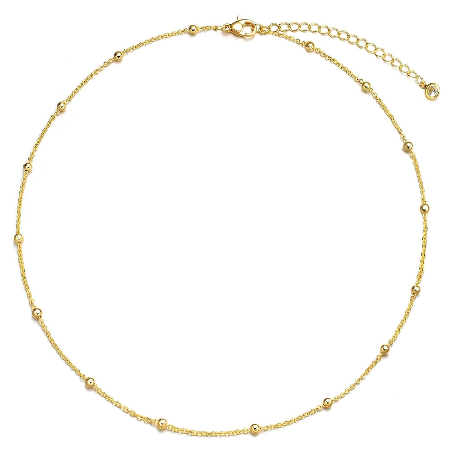 Collar Choker de Oro Tewiky con Cuentas Delgadas 14k