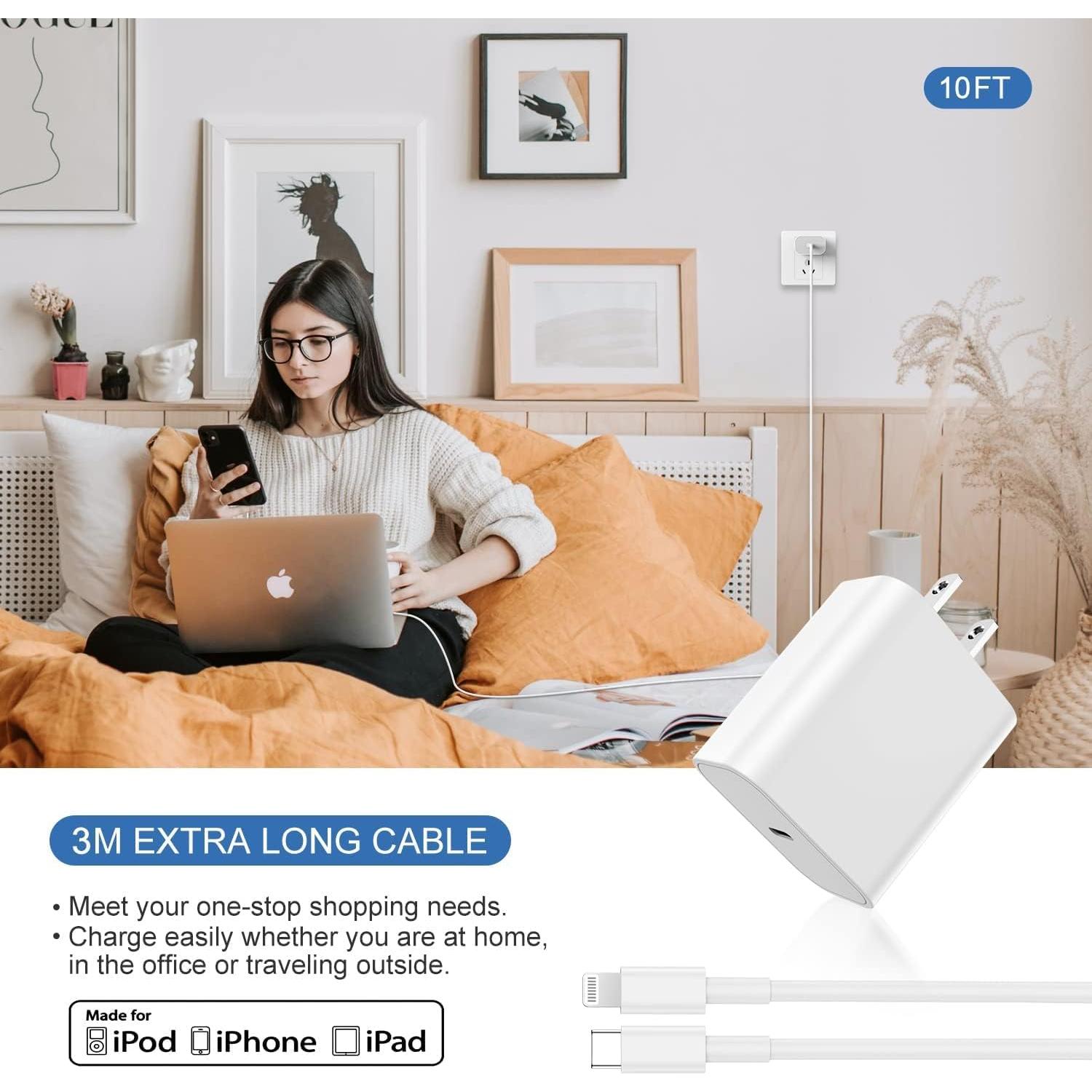 Cargador Rápido USB C 20W con Cable Lightning 10 pies para iPhone