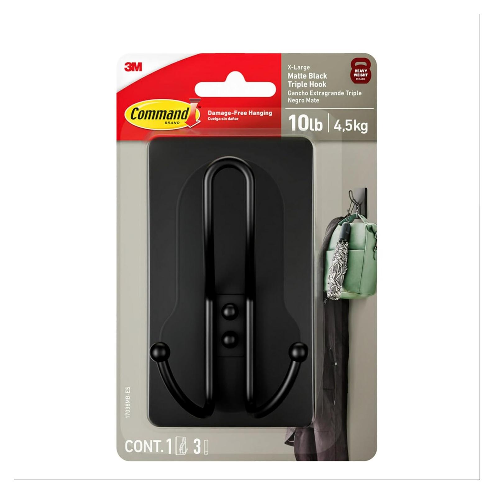 Gancho Triple Negro Mate Command 17038MB-ES, 4.54 kg