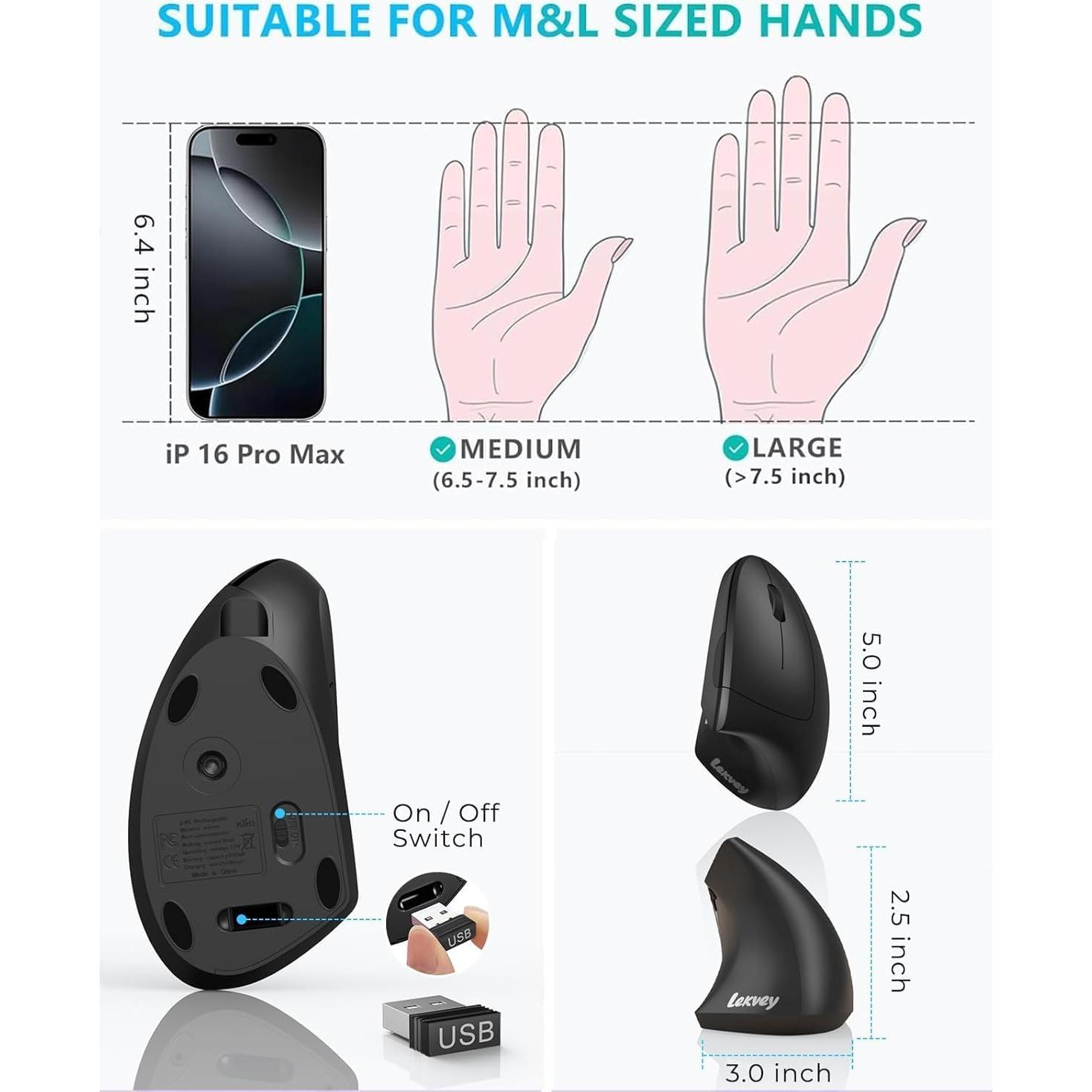 Ratón Ergonómico Lekvey XC05-B Inalámbrico Negro 600mAh