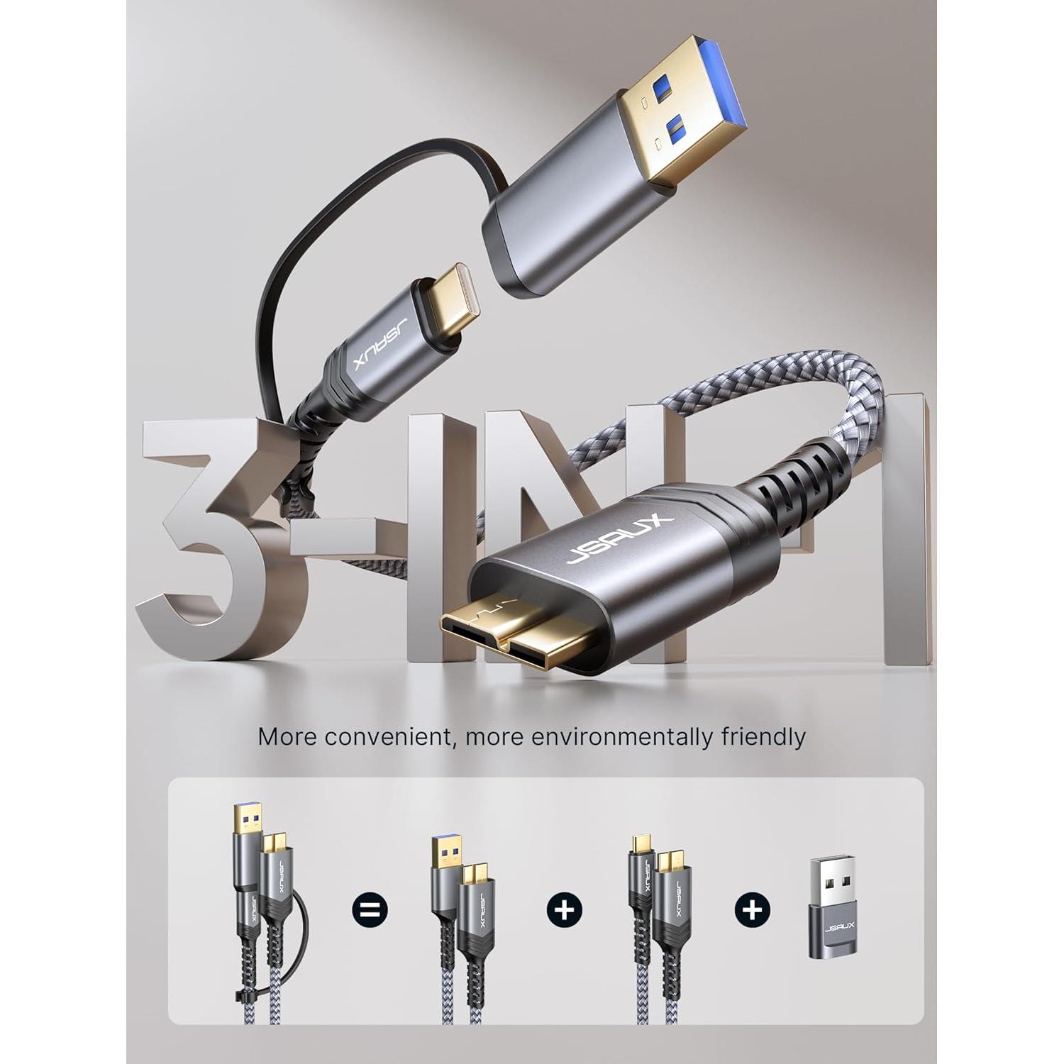 Cable de Disco Duro JSAUX 1.6ft Micro B a USB C/A 20Gbps