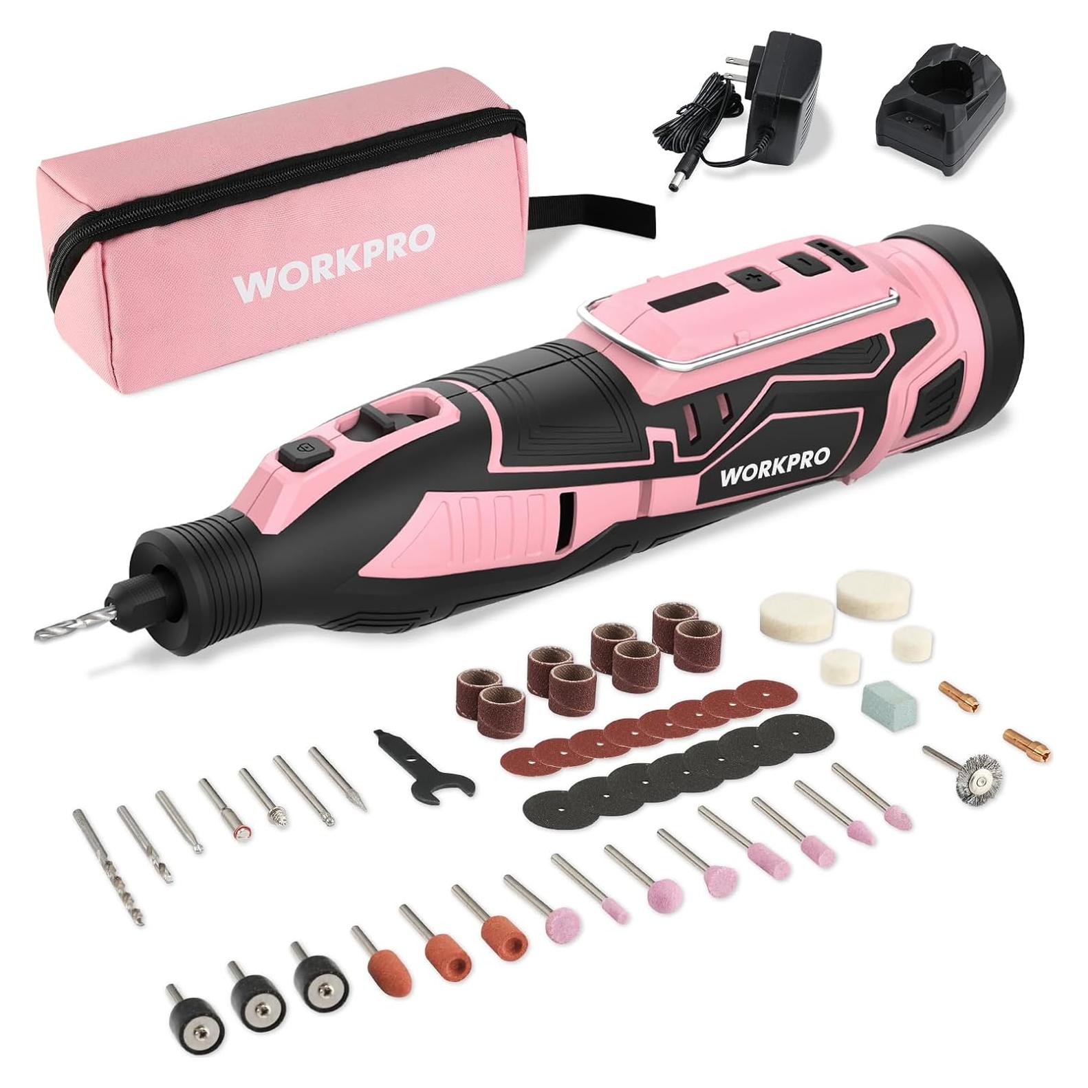 Herramienta Rotativa Inalámbrica WORKPRO 12V Rosa con 114 Accesorios