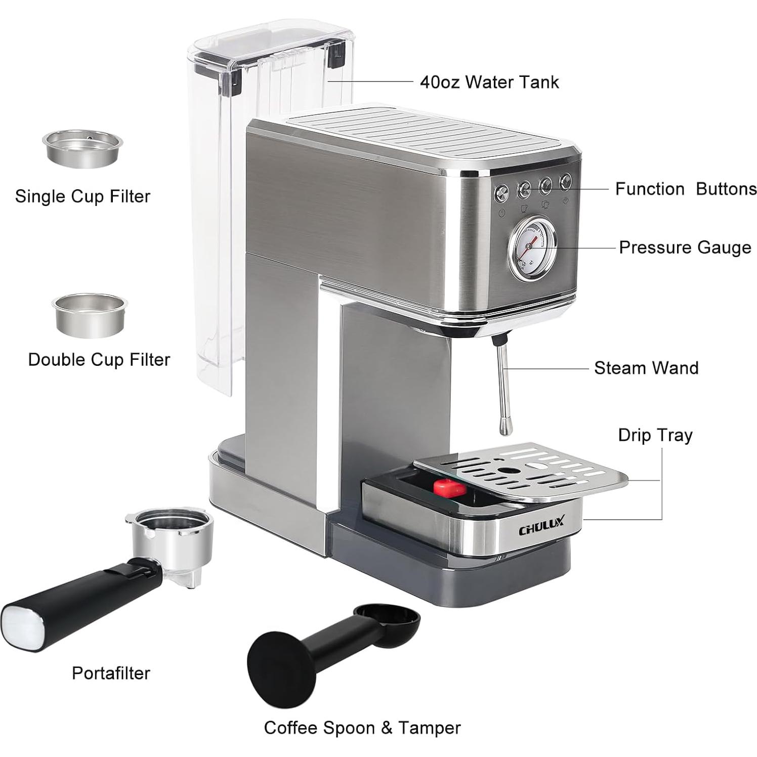 Máquina de Espresso Semi Automática CHULUX 20 Bar Acero Inoxidable