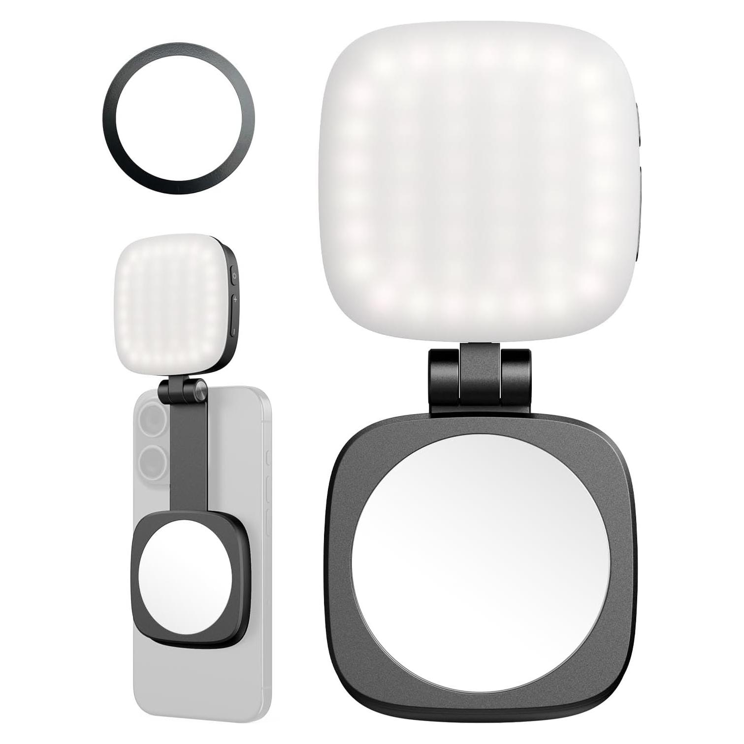 Luz Selfie Magnética PequeñoRig Vibe P48 Negro con Espejo