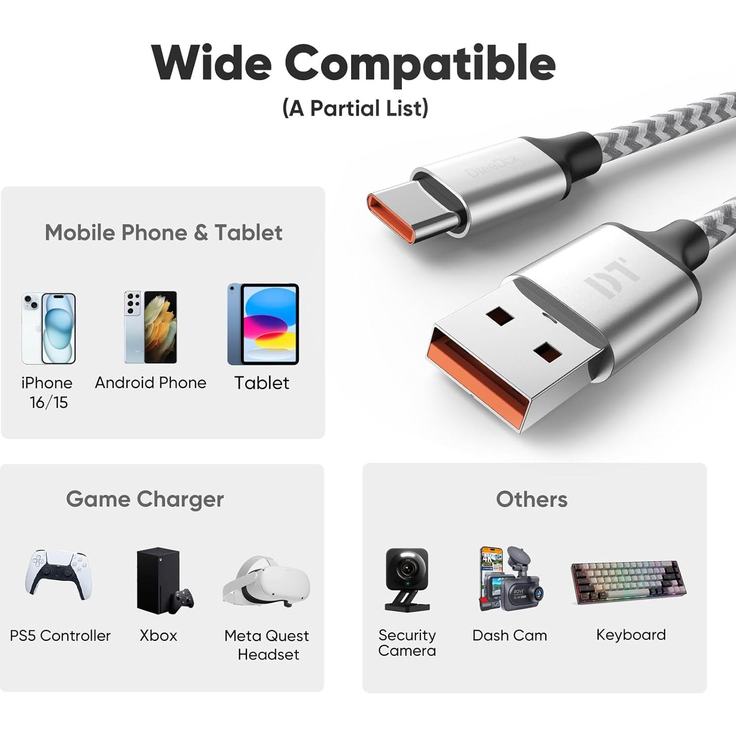 Cable USB A a USB C 20 Pies DteeDck Carga Rápida 12W