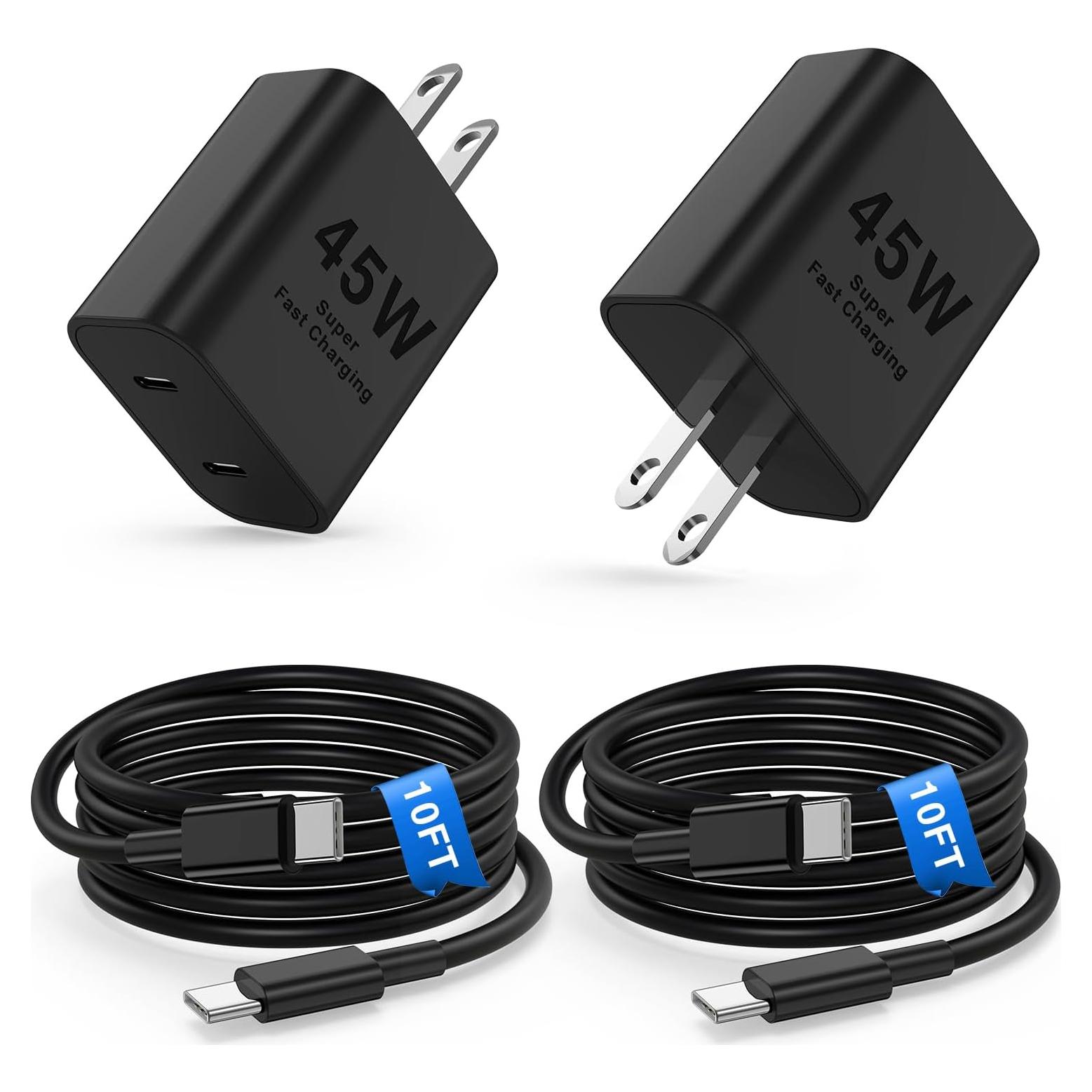 Cargador Rápido 45W USB C Jeenek + Cable 10 Pies Negro
