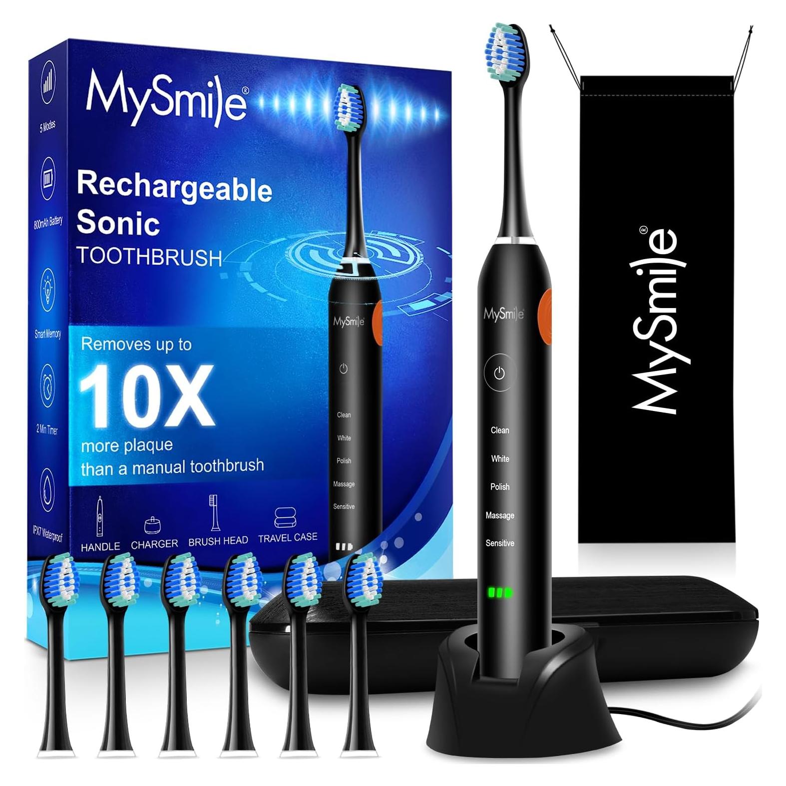 Cepillo de dientes eléctrico MySmile negro, 48000 VPM, 6 cabezales