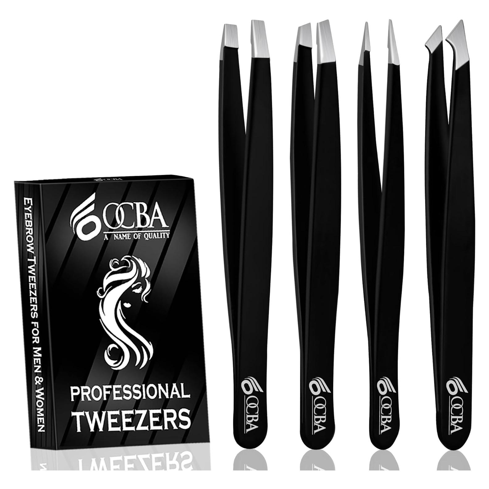 Juego de 4 Pinzas de Cejas OCBA Acero Inoxidable Negro