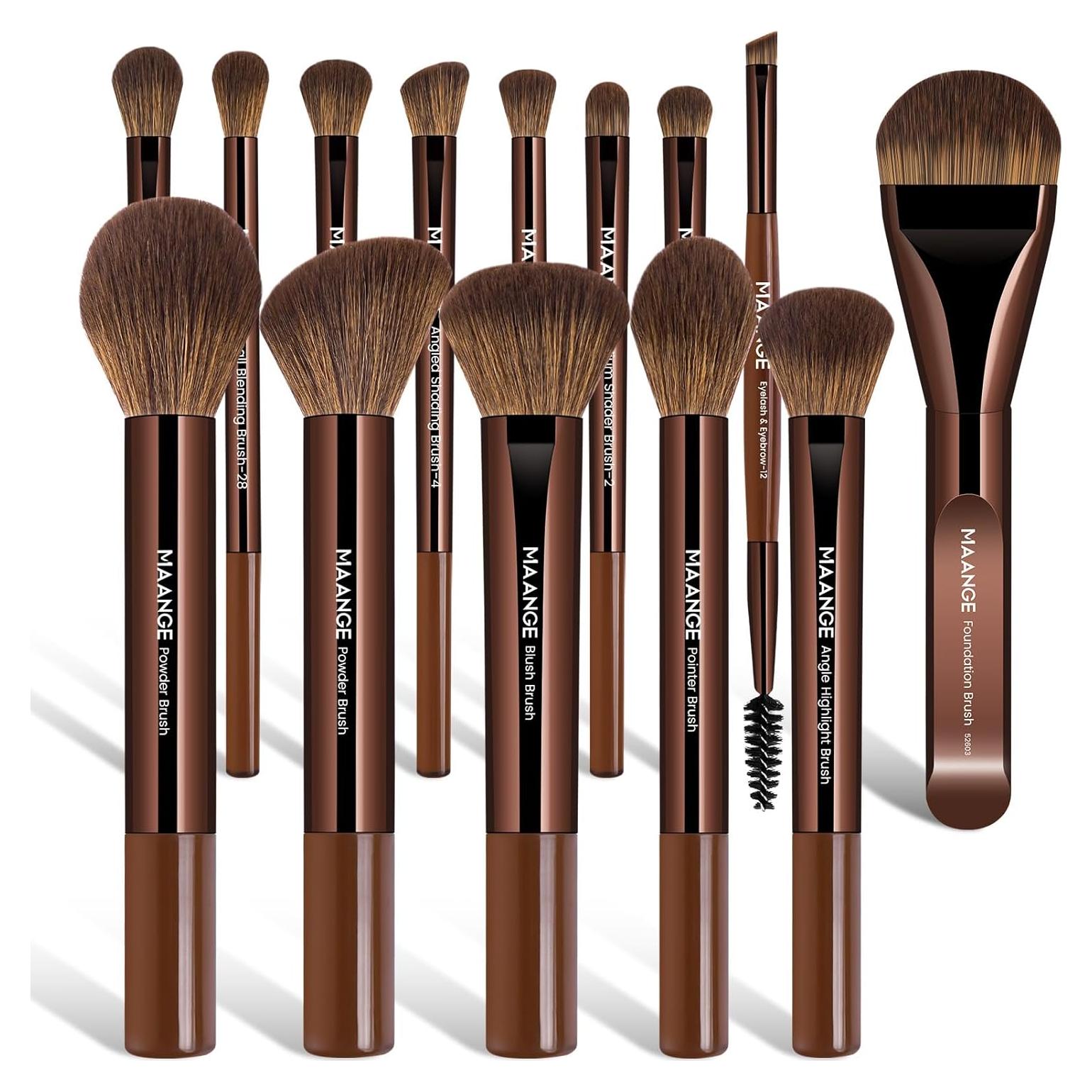 Set de 14 Brochas de Maquillaje MAANGE con Aluminio - Café Oscuro