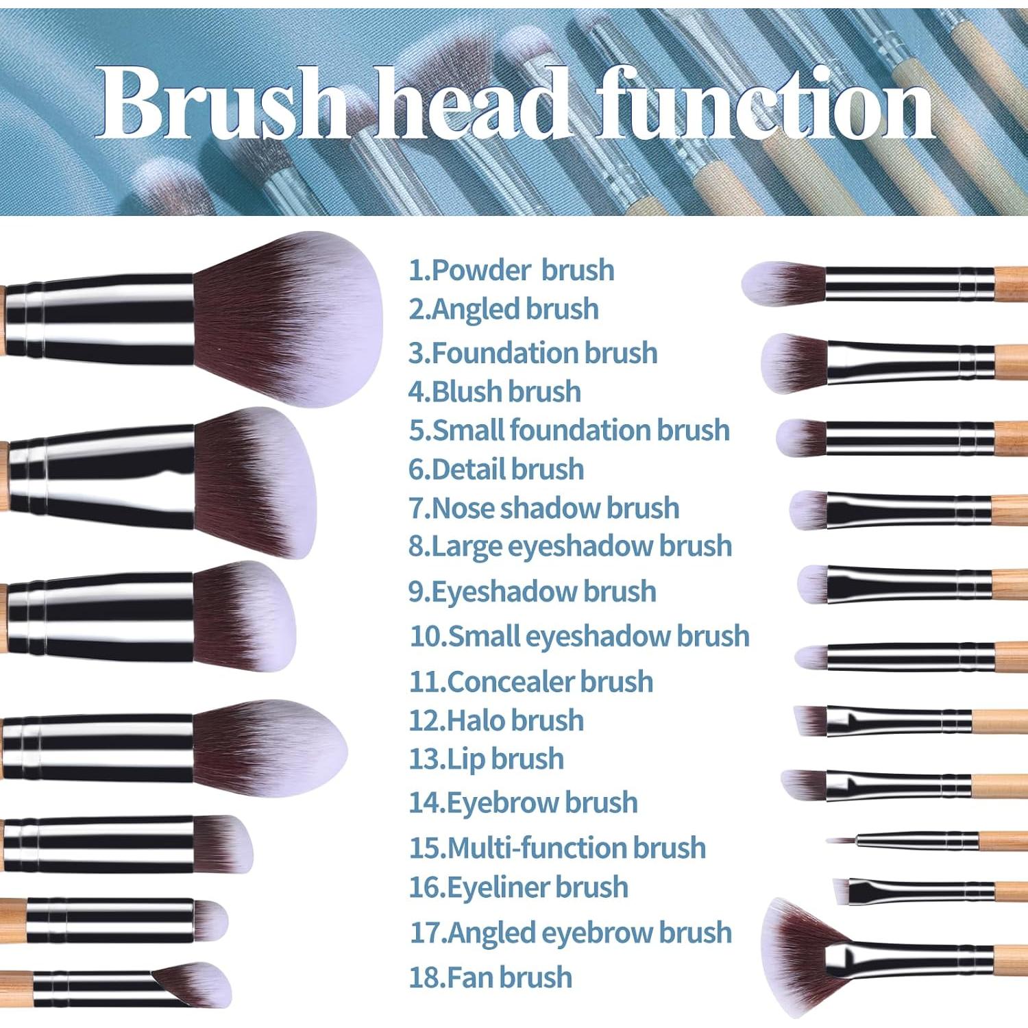 Conjunto de Brochas de Maquillaje BS-MALL Bamboo 18 Piezas con Esponjas