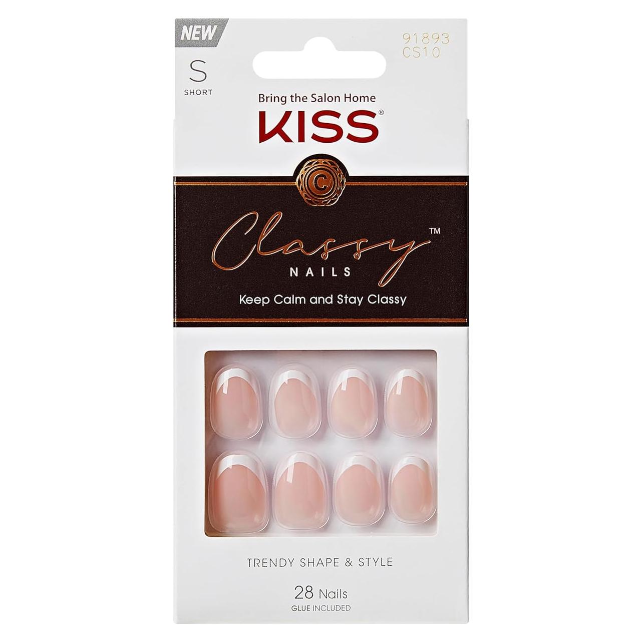 Uñas Postizas KISS Classy Cortas Ovaladas 28 Uñas + Pegamento