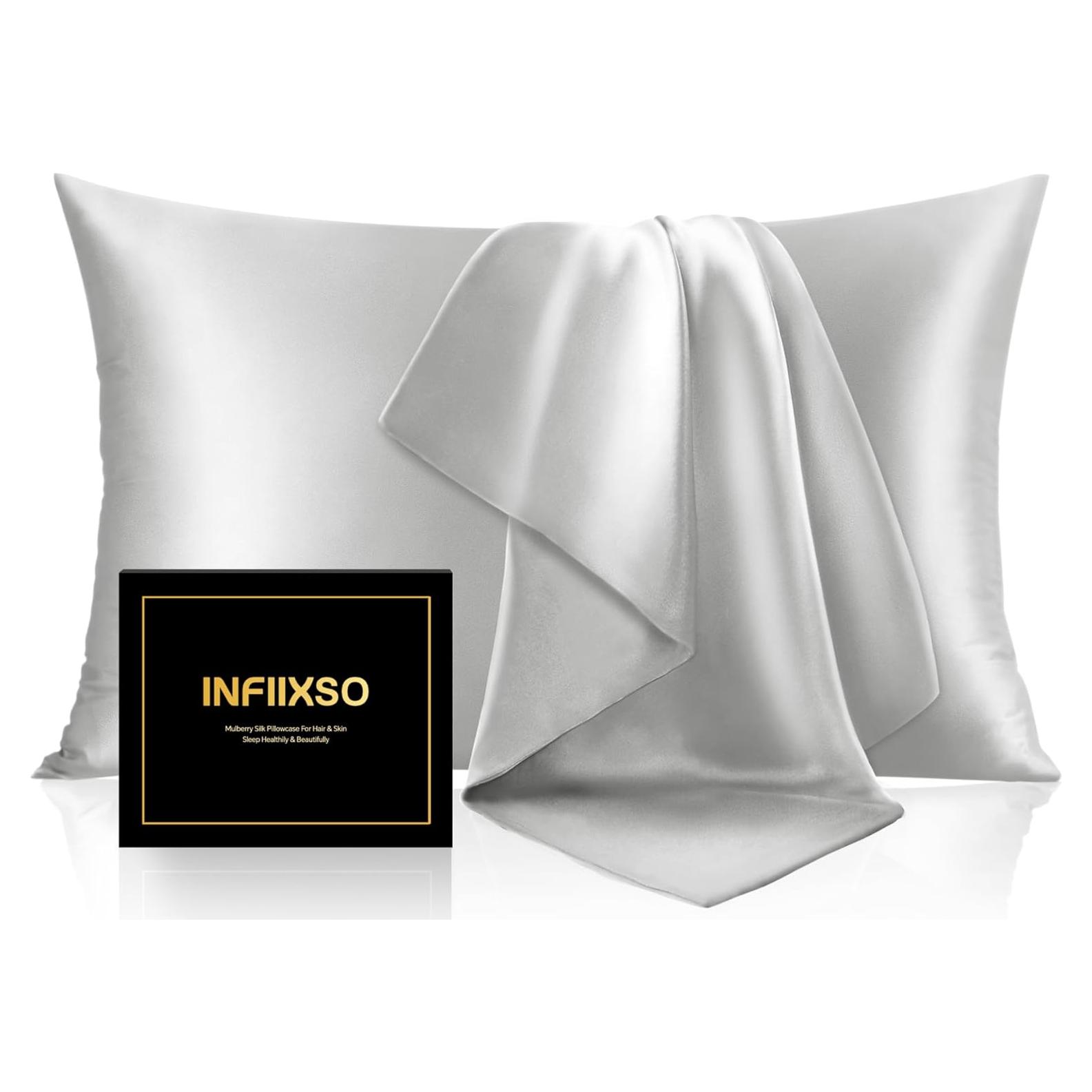 Funda de Almohada de Seda INFIIXSO Estándar 50.8x66 cm Gris Claro