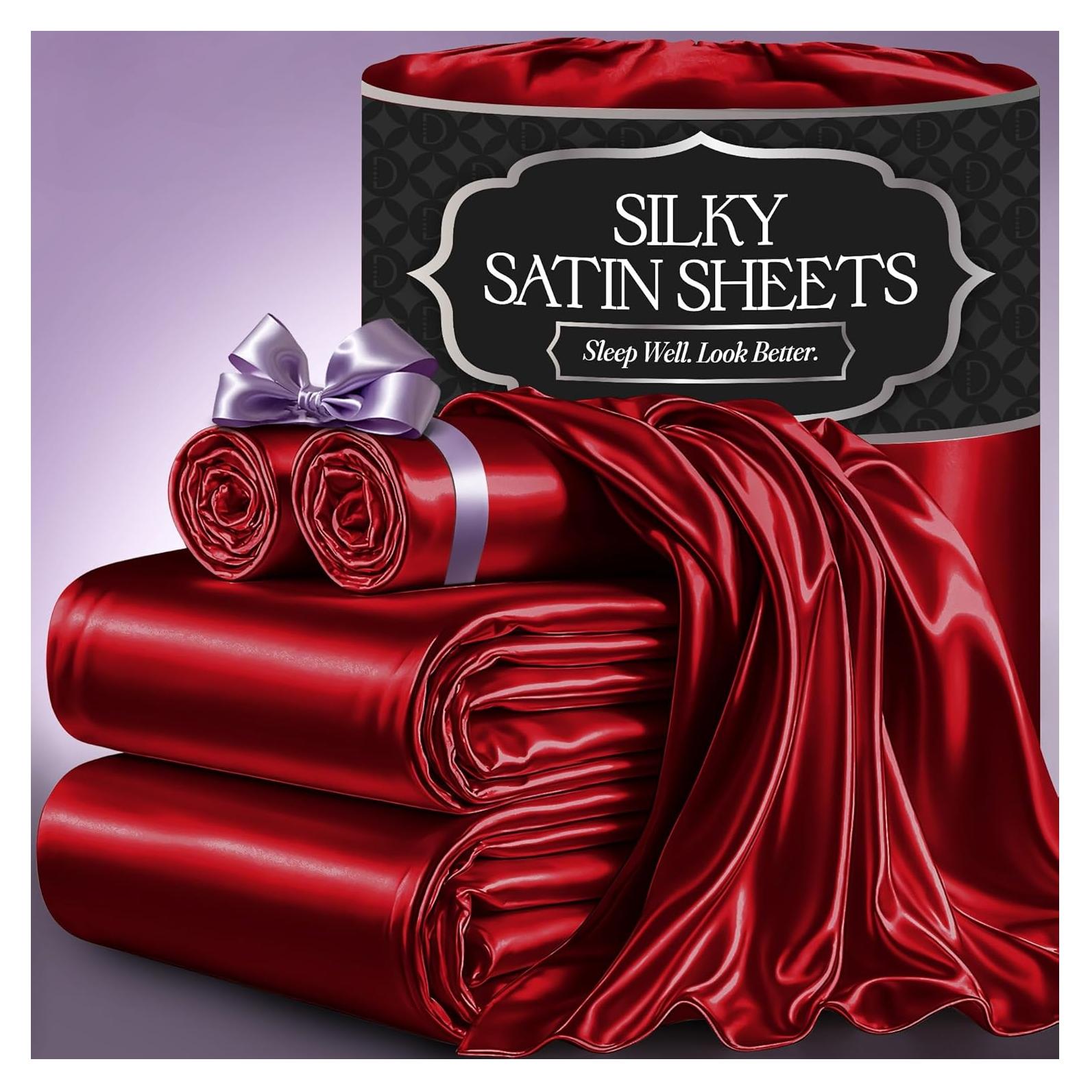 Juego de Sábanas de Satén DECOLURE Queen 4 Piezas Rojo