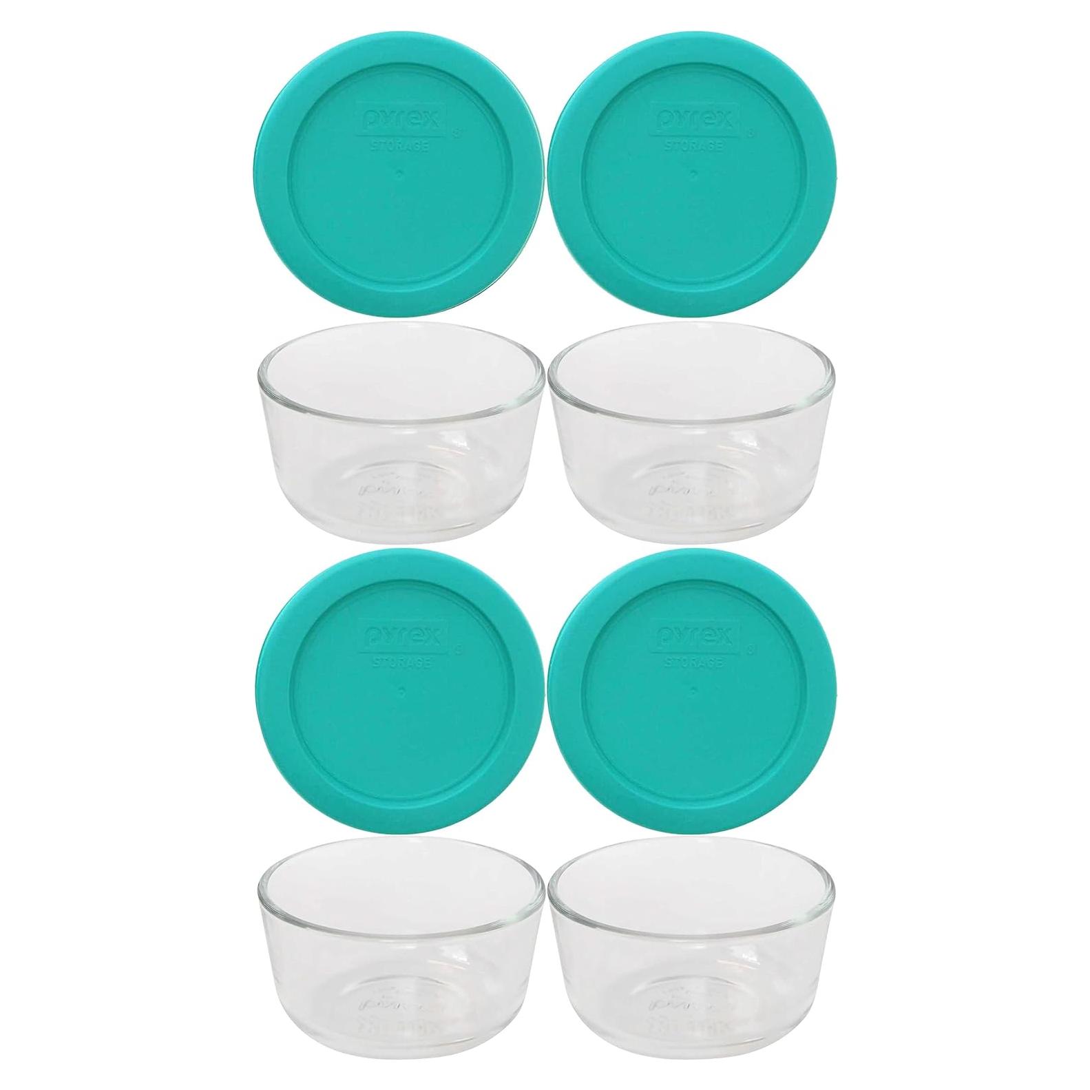 Pyrex 7202 Set de 4 Tazones de Vidrio 1 Taza con Tapas Turquesa