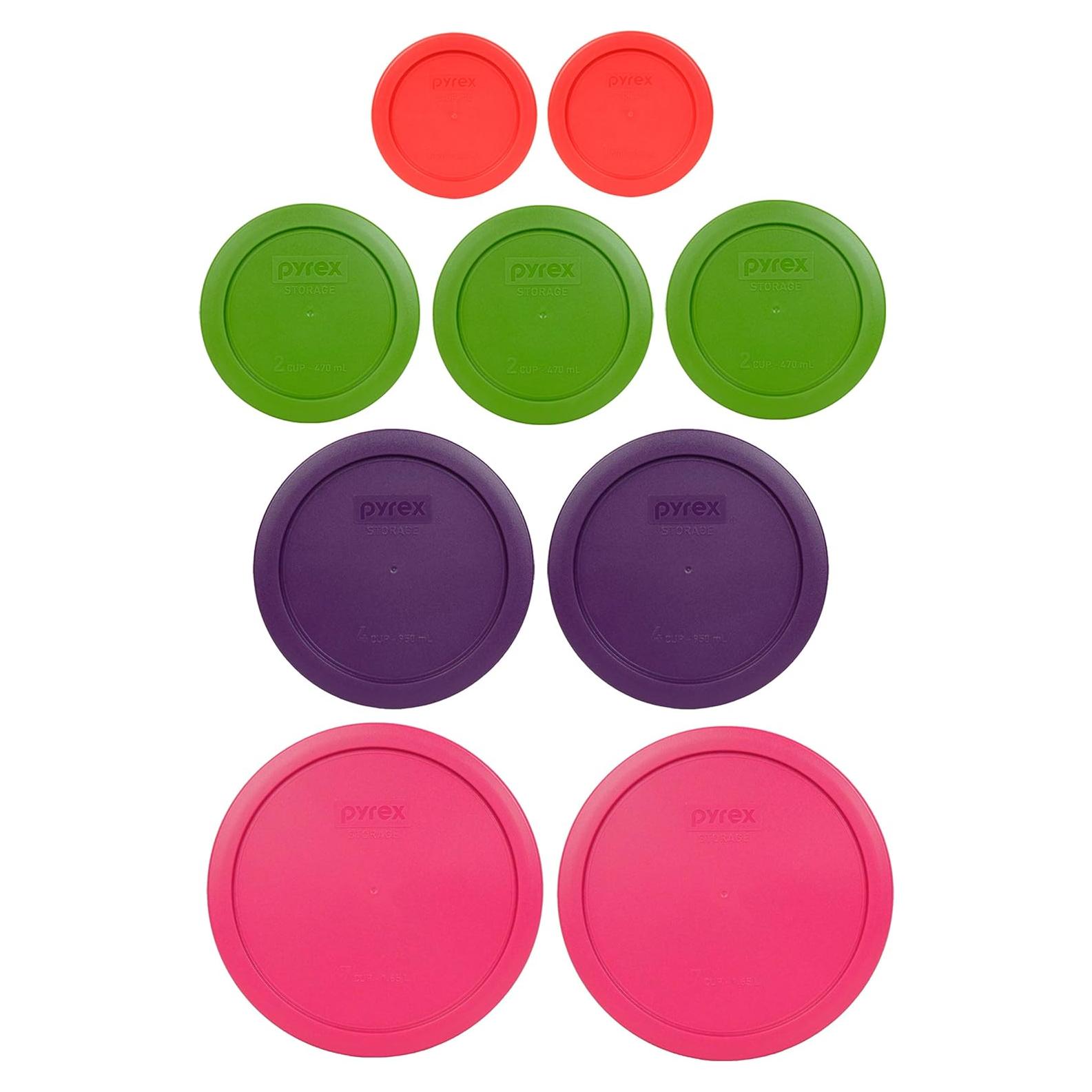 Juego de 9 Tapas de Plástico Pyrex BPA-Free - Fucsia, Morado, Verde, Rojo