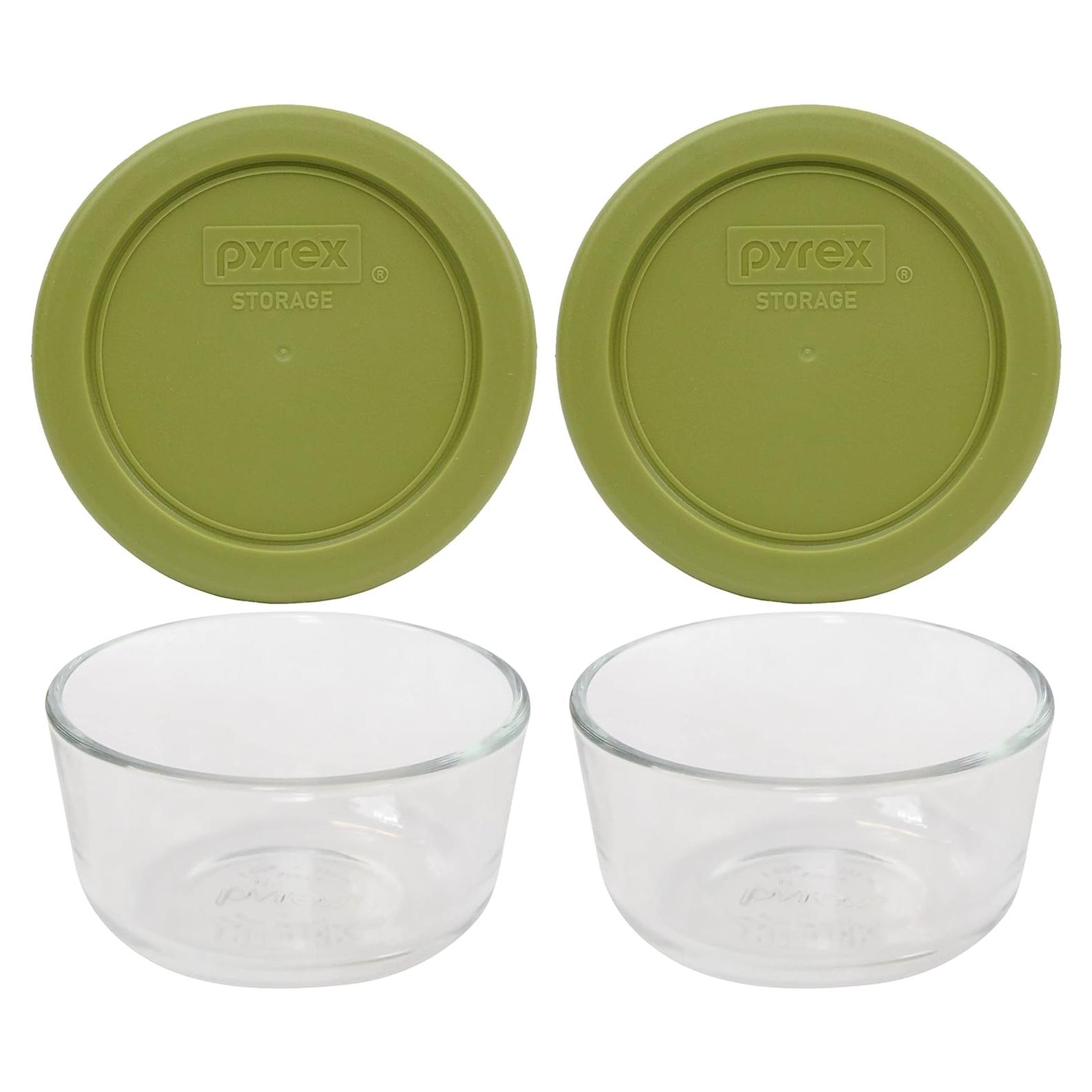 Juego de 2 Tazones de Vidrio Pyrex 1 Taza con Tapas Verde Oliva