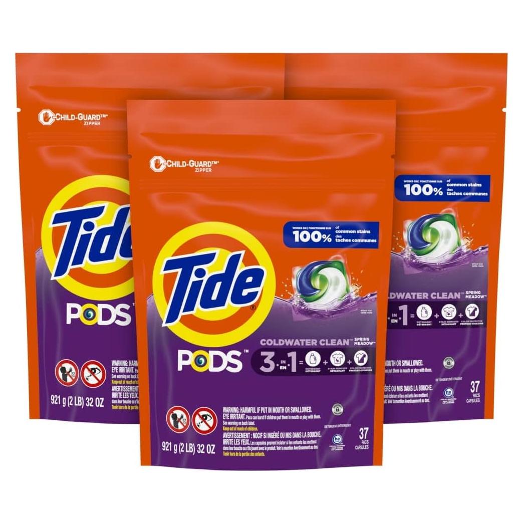 PODS Laundry Detergent Soap Pods, Spring Meadow, 37 Count (Pack of 3 Bag Value Pack), Total 111 Count, HE Compatible