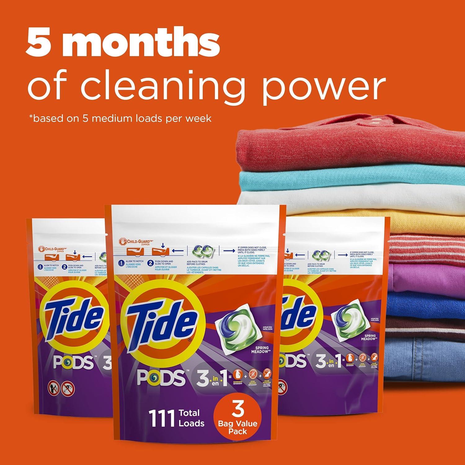 PODS Laundry Detergent Soap Pods, Spring Meadow, 37 Count (Pack of 3 Bag Value Pack), Total 111 Count, HE Compatible