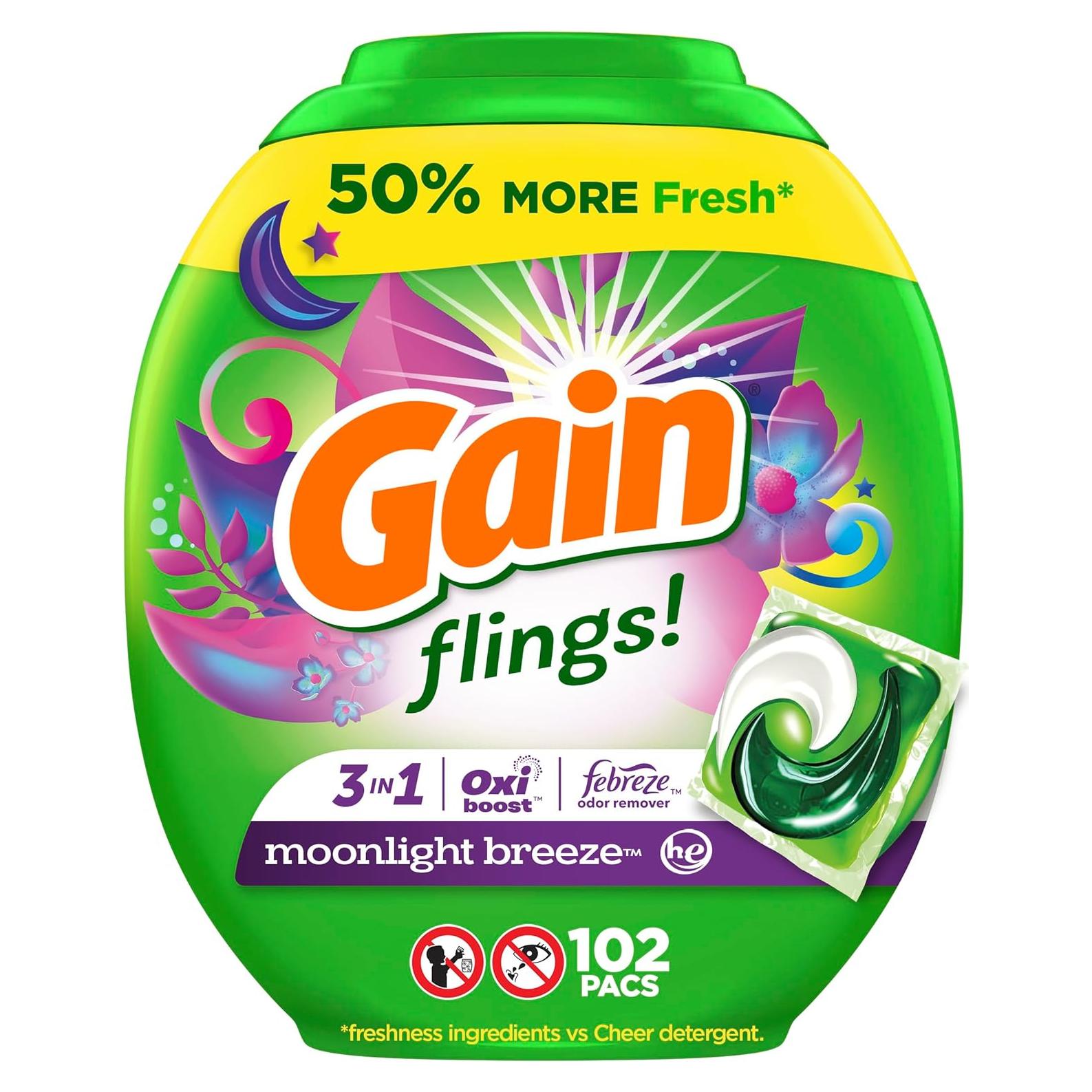 Gain Flings Detergente para Ropa 102 Pacs Aroma Brisa de Luna