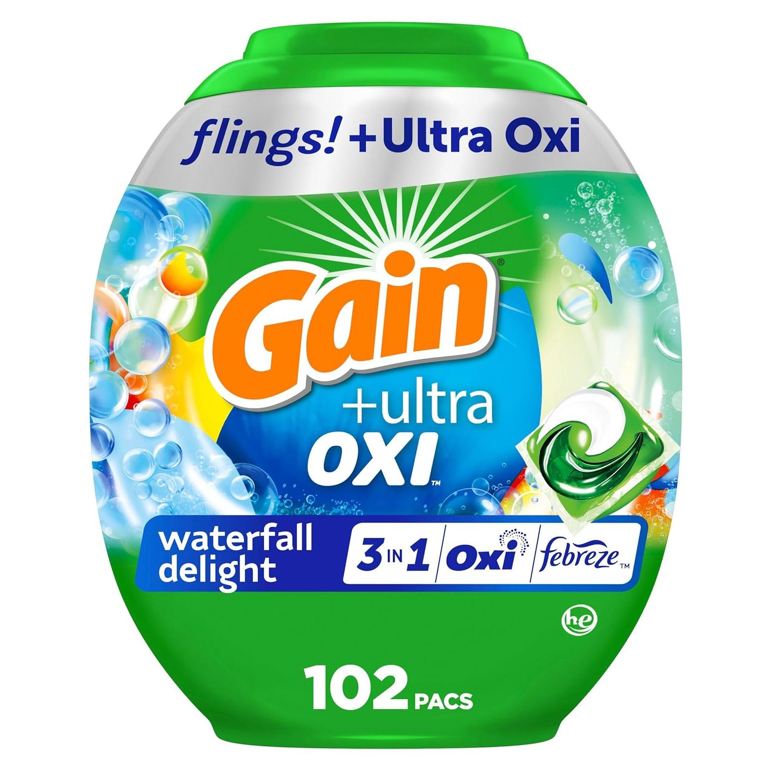 Gain Flings Ultra Oxi Detergente para Ropa 102 Pacs Aroma Cascada