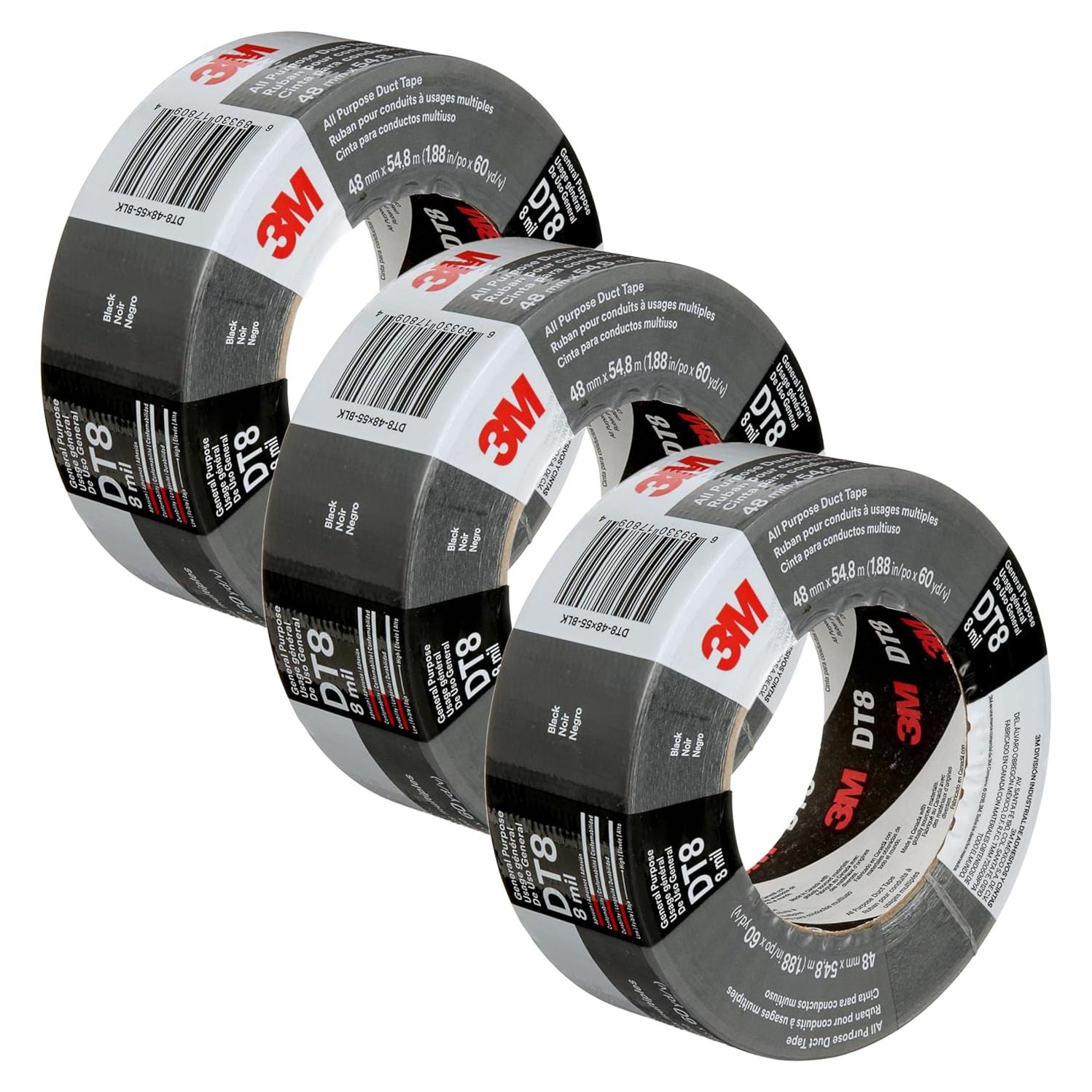 Cinta adhesiva 3M DT8 negra, 3 rollos, 4.78 cm x 54.86 m