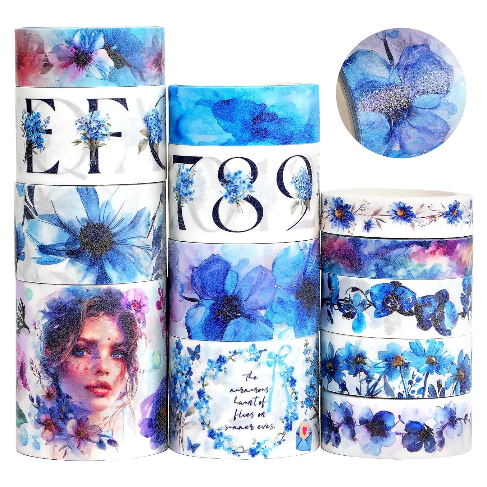 Juego de Washi Tape 13 Rollos - Cintas Decorativas Azules Brillantes