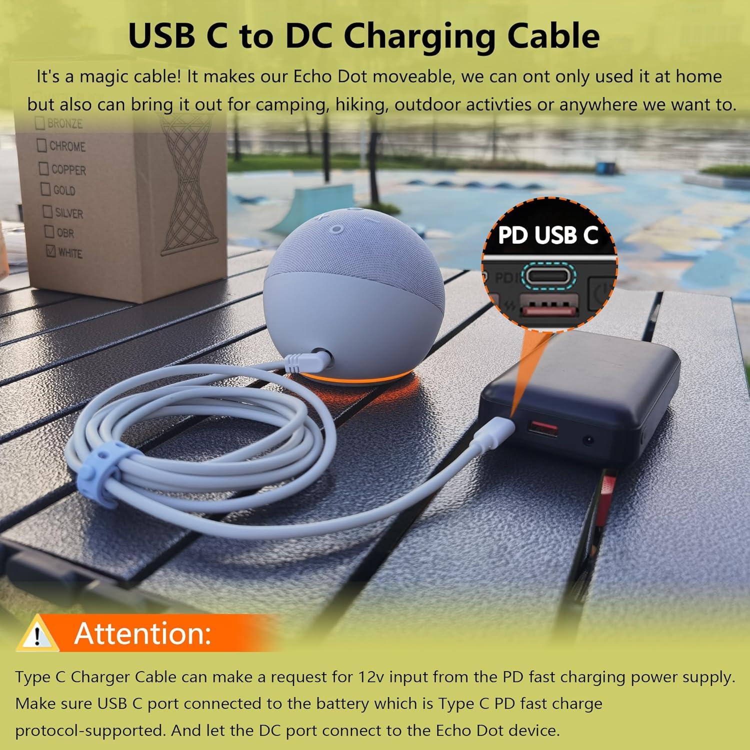 Cable de Cargador USB C 12V para Echo Dot 3ra/4ta Gen - Blanco