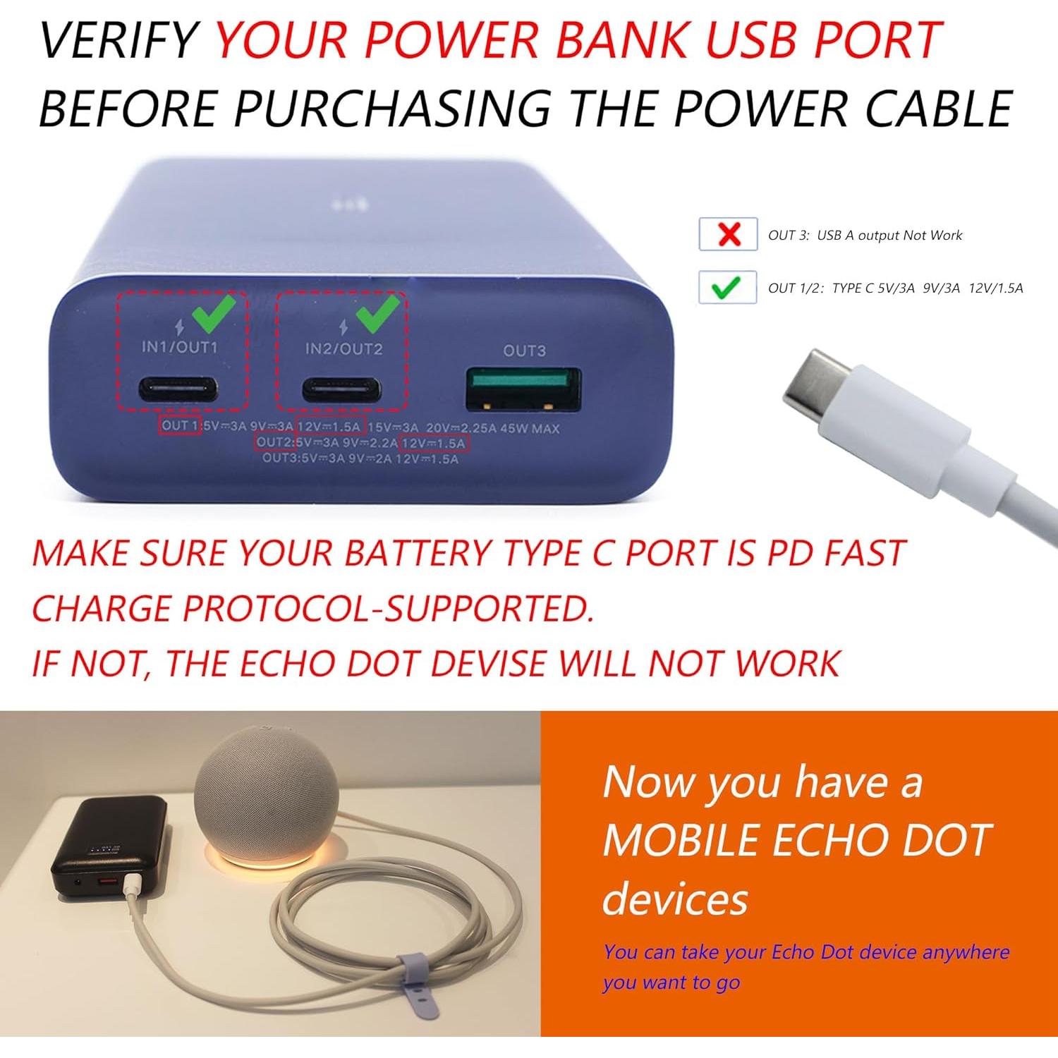 Cable de Cargador USB C 12V para Echo Dot 3ra/4ta Gen - Blanco