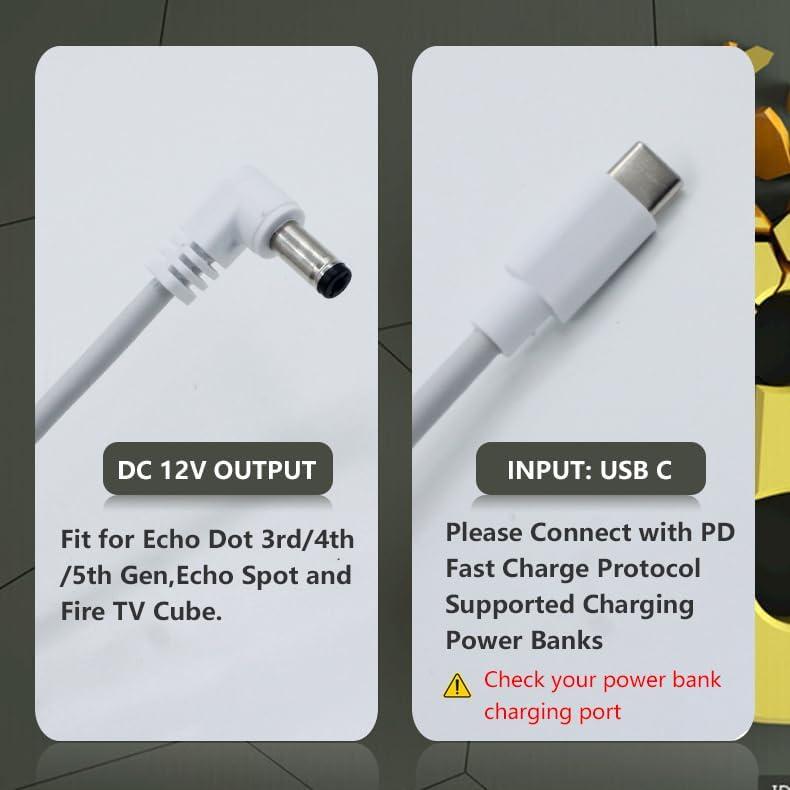 Cable de Cargador USB C 12V para Echo Dot 3ra/4ta Gen - Blanco