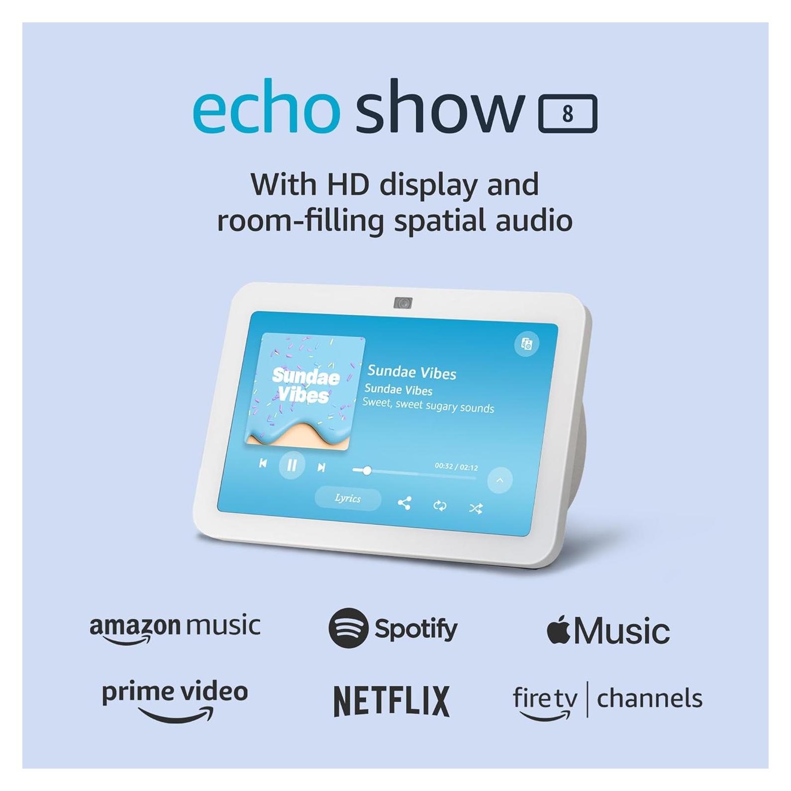 Like-New Amazon Echo Show 8 (newest model), With Spatial Audio, Smart Home Hub, and Alexa, Glacier White