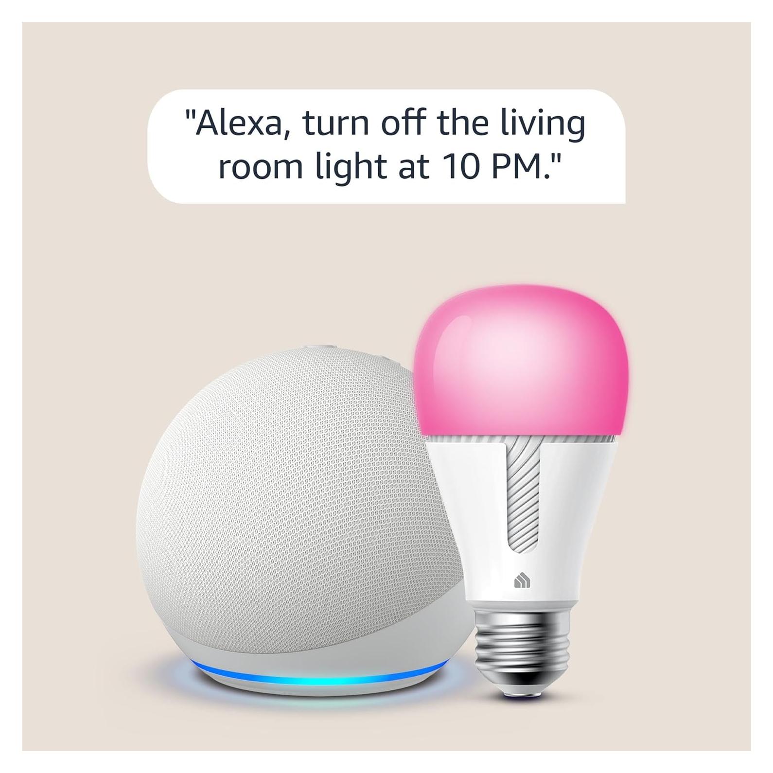 Echo Dot (5th Gen, 2022 release) in Glacier White bundle with TP-Link Kasa Smart Color Bulb