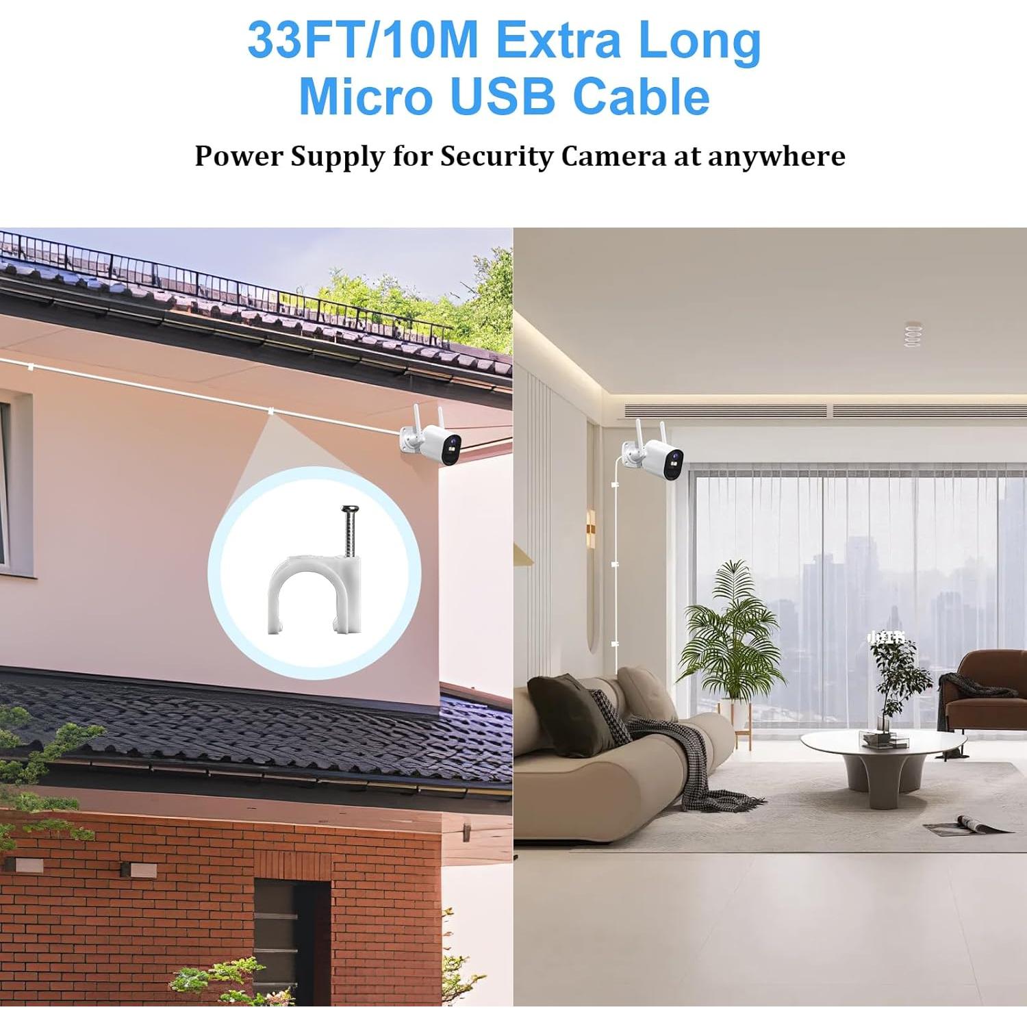 Cable de Extensión Micro USB 10m AIAUXAI para Cámaras de Seguridad