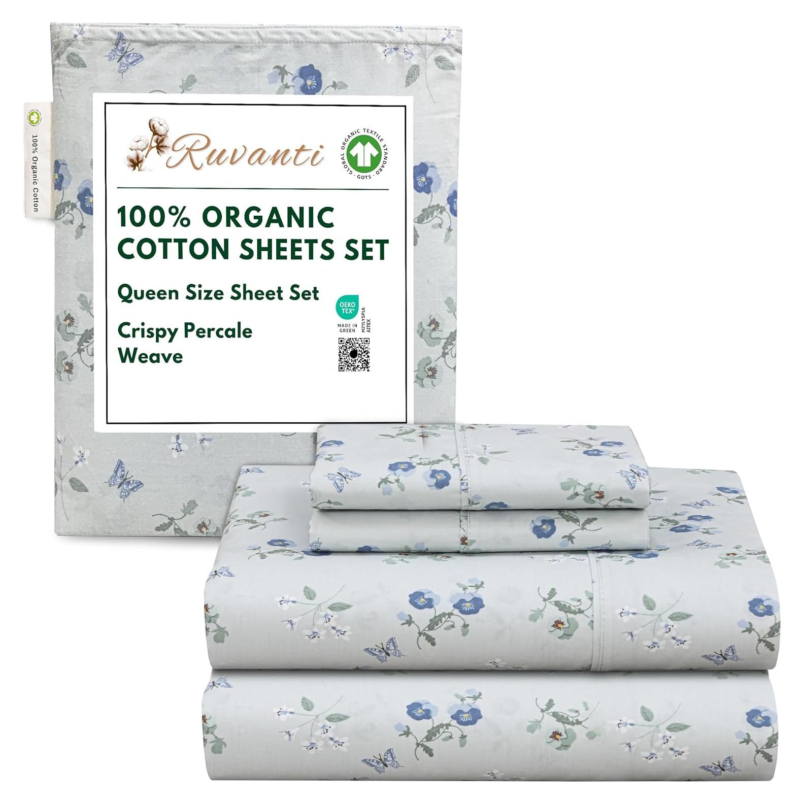 Sábanas de Algodón Orgánico RUVANTI Queen 4 Piezas Vuelo de Mantequilla