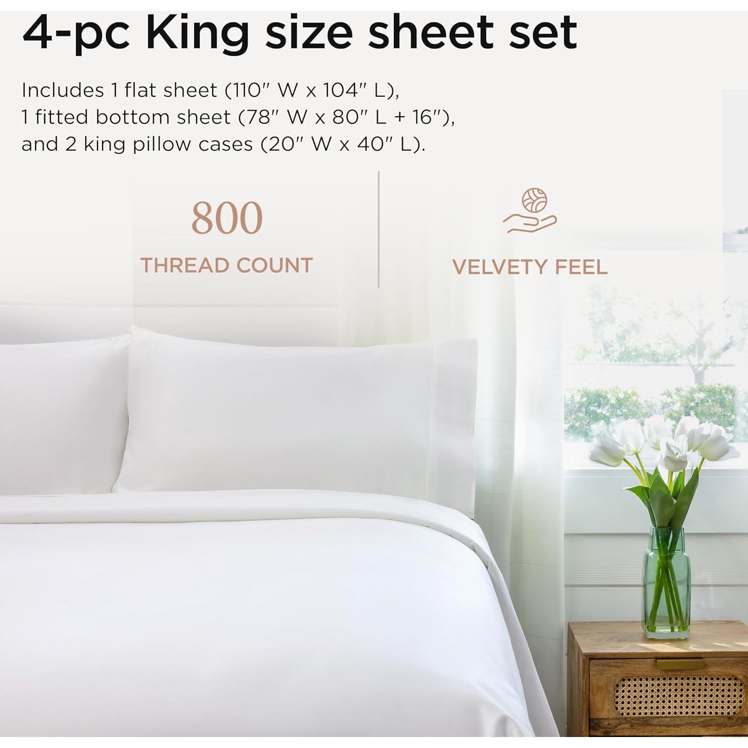 Juego de Sábanas Threadmill Rey 800 Hilos Algodón Satén Blanco