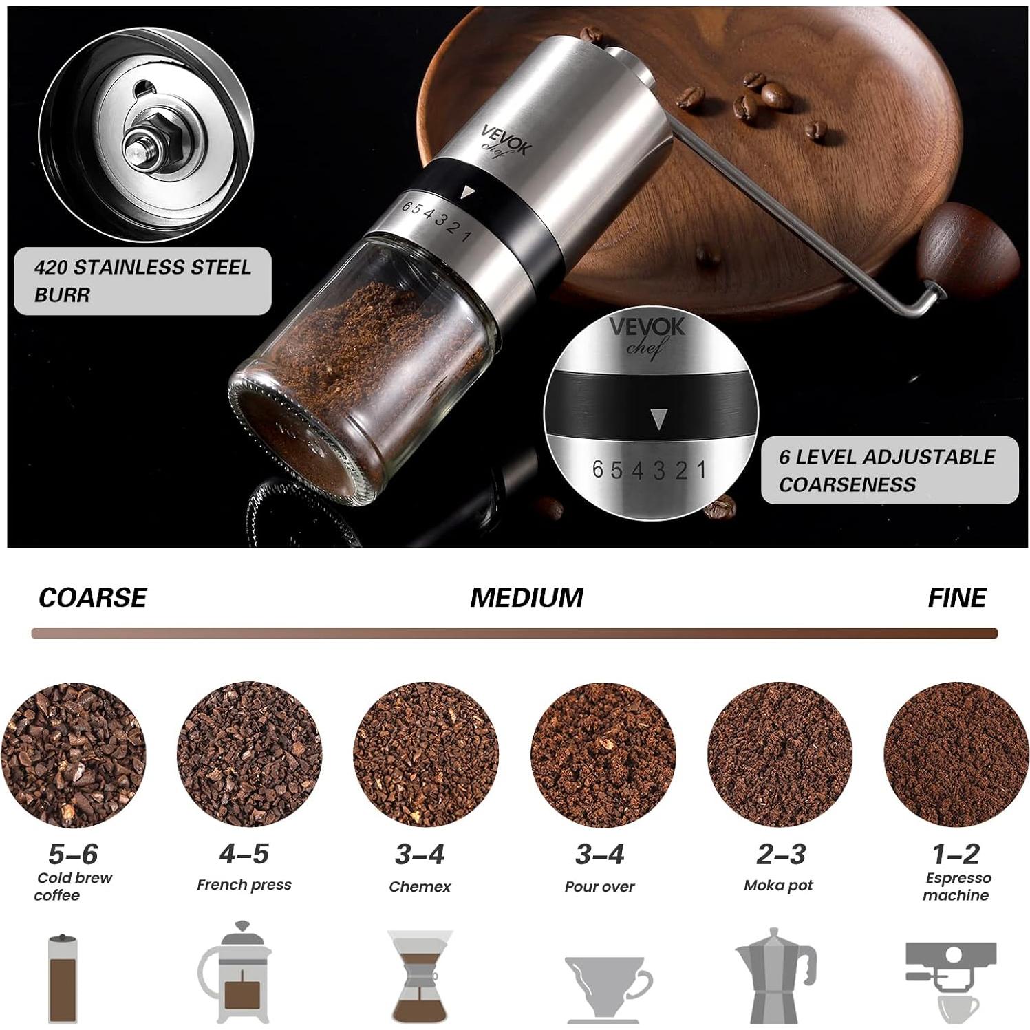 Molinillo de Café Manual VEVOK CHEF Acero Inoxidable 6 Niveles