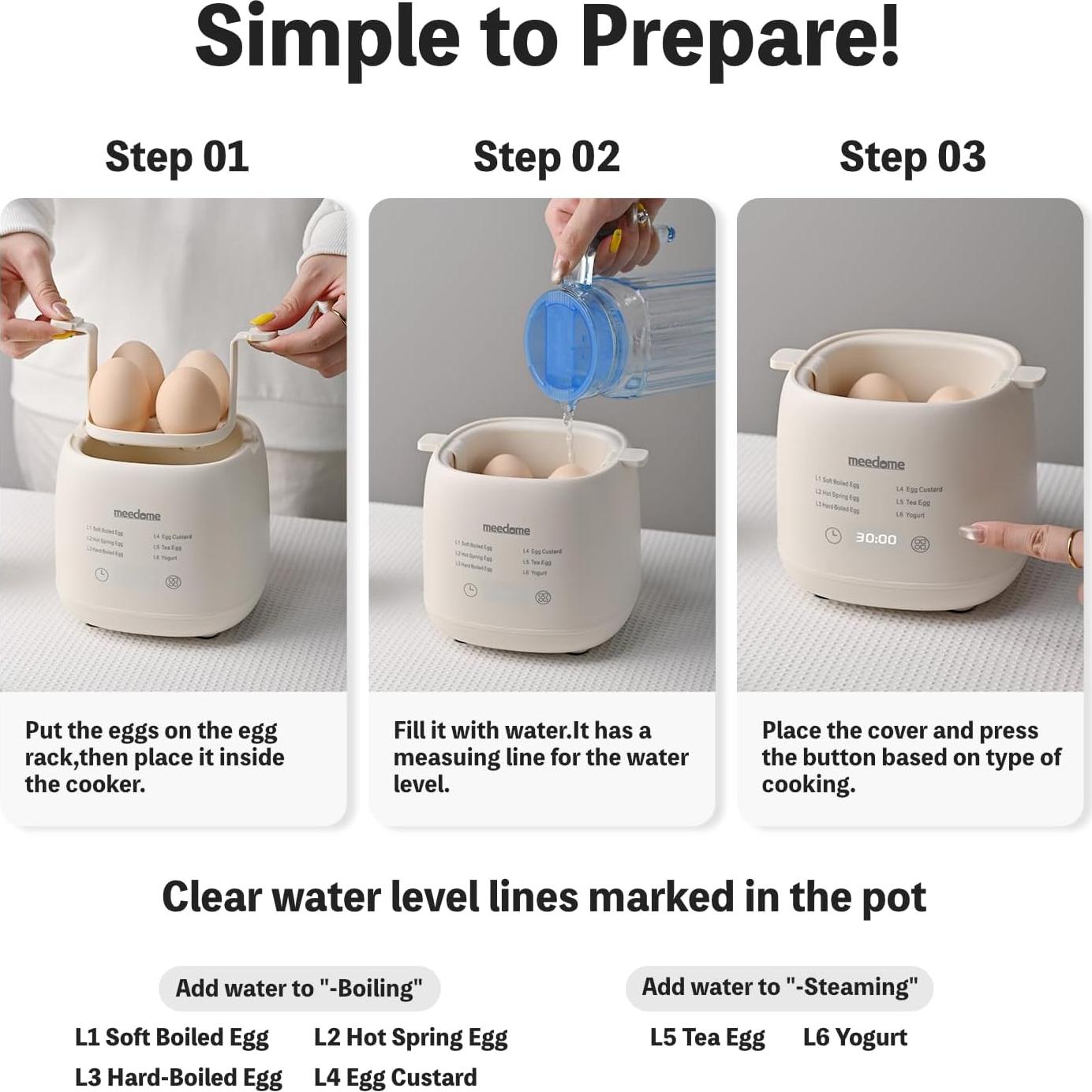 Cocedor de Huevos Eléctrico Meedome 6-en-1 Acero Inoxidable