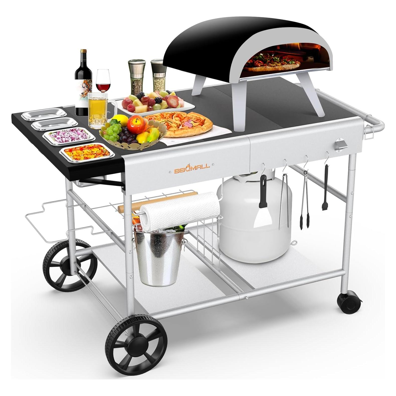 Carrito de Grill BBQMall con Estación de Ingredientes Móvil 63.5x128.7cm
